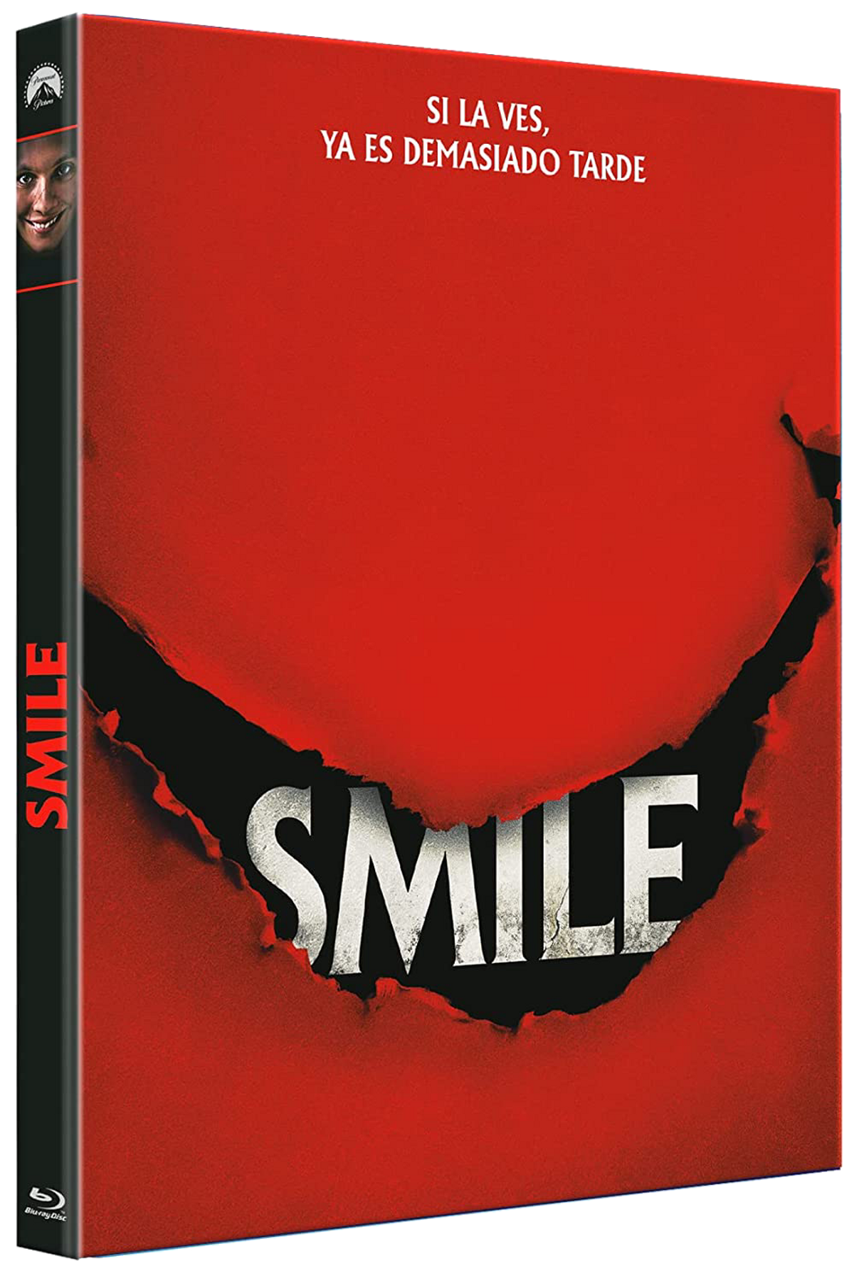 Portada de la película 'Smile' en rojo, con una gran sonrisa rasgada y texto.