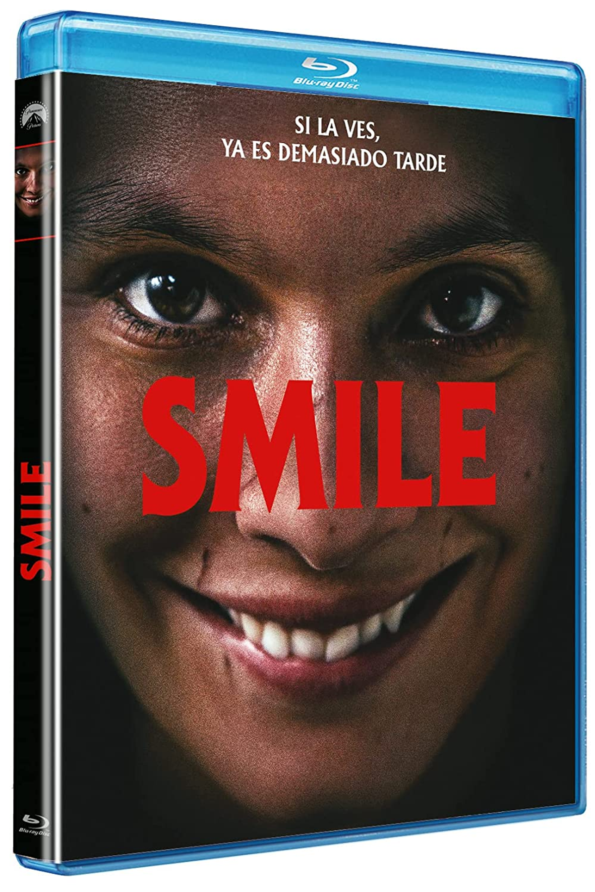 Portada de la película 'Smile', con una cara sonriente, con un borde azul.