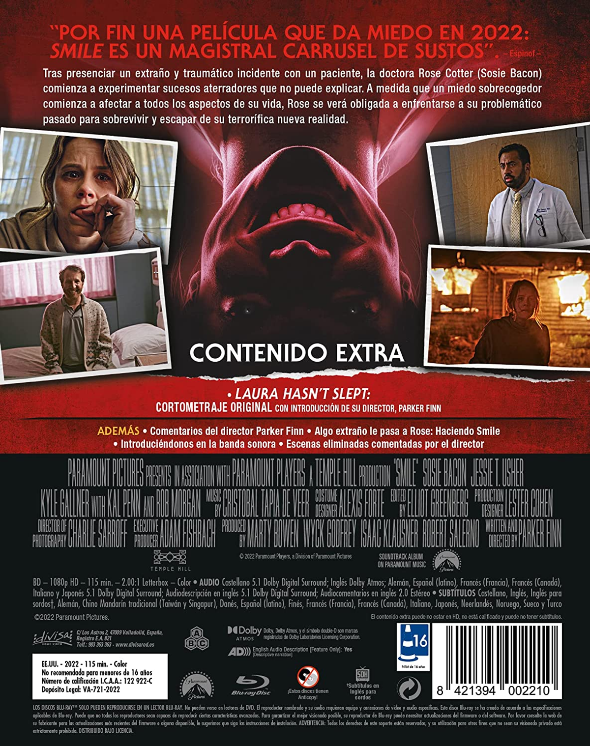 Portada de película con una mujer asustada y un hombre en traje con texto.