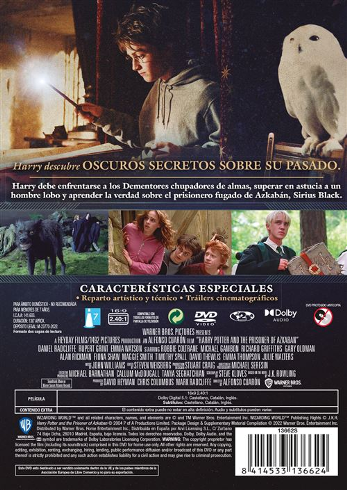 Portada del DVD de Harry Potter y el prisionero de Azkaban. Presenta a actores y una lechuza nival.