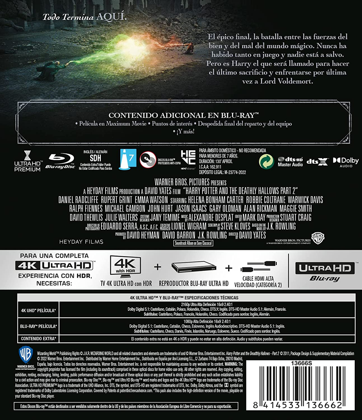 Parte trasera de una caja Blu-ray de Harry Potter y las Reliquias de la Muerte Parte 2. Texto e imágenes.