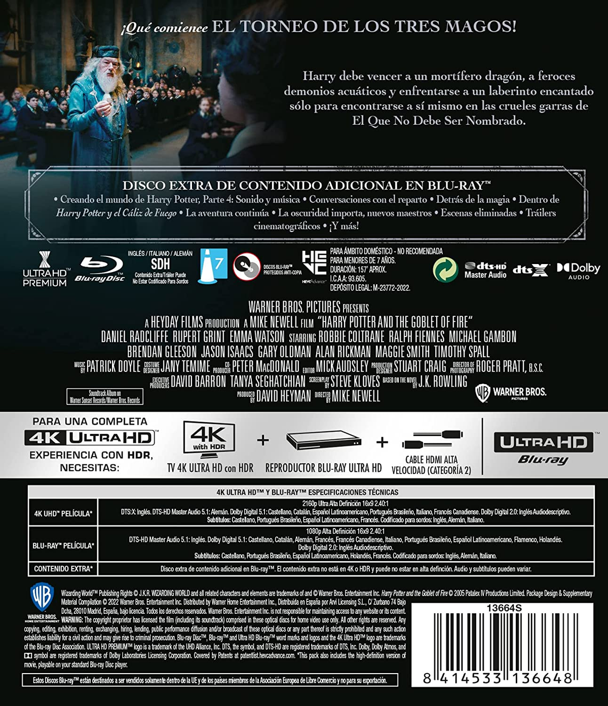 Contraportada de un disco Blu-ray de Harry Potter, con texto, imágenes y logotipos.