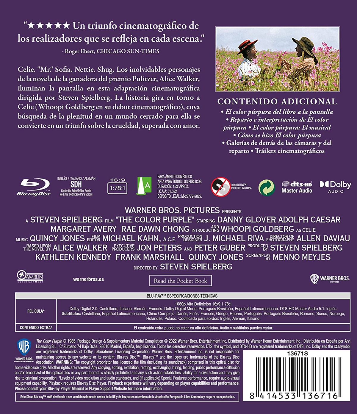Parte trasera de una caja de DVD con texto e imágenes. La portada presenta imágenes de actores y el título de la película.