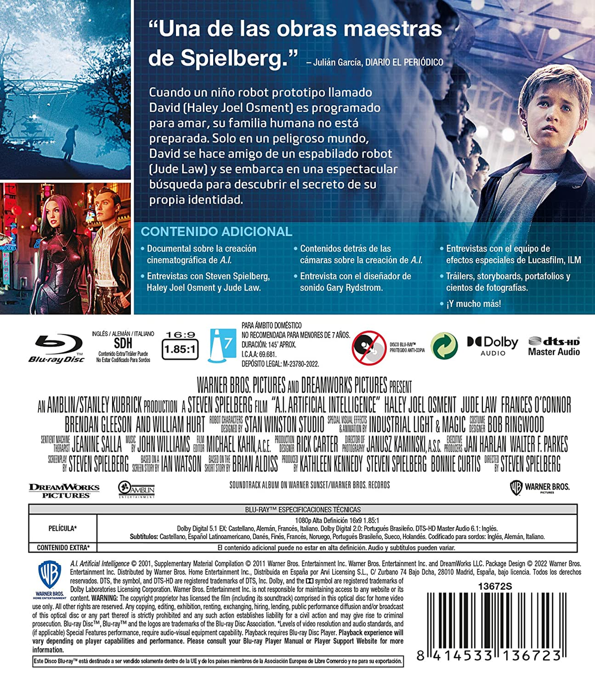 Portada de la película A.I. Inteligencia Artificial. Con Haley Joel Osment, Jude Law y detalles de la película.
