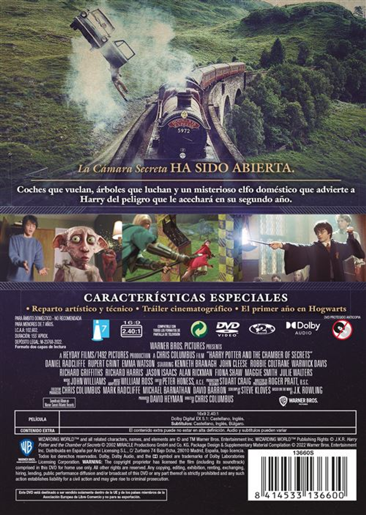 Contraportada de un DVD de Harry Potter que muestra un tren, personajes y texto en varios idiomas.