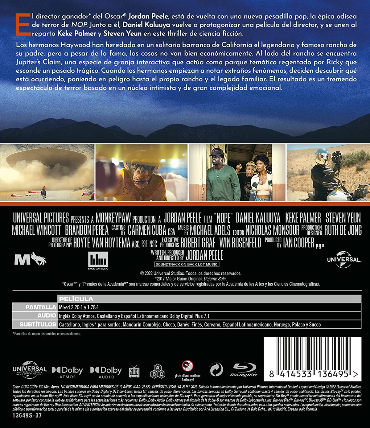 Cartel de la película 'Nope' con el elenco principal y un OVNI. El logotipo de Universal Pictures es visible.