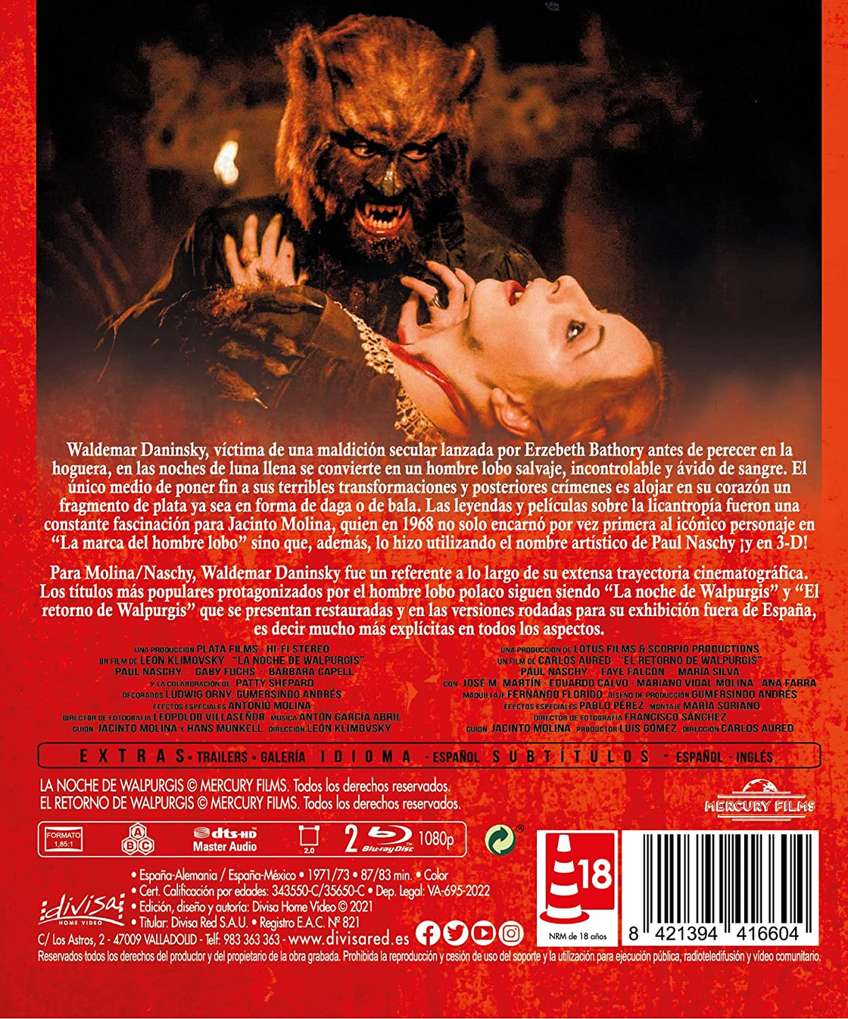 Portada de película con un hombre lobo atacando a una mujer, texto multilingüe. Rojo y negro.