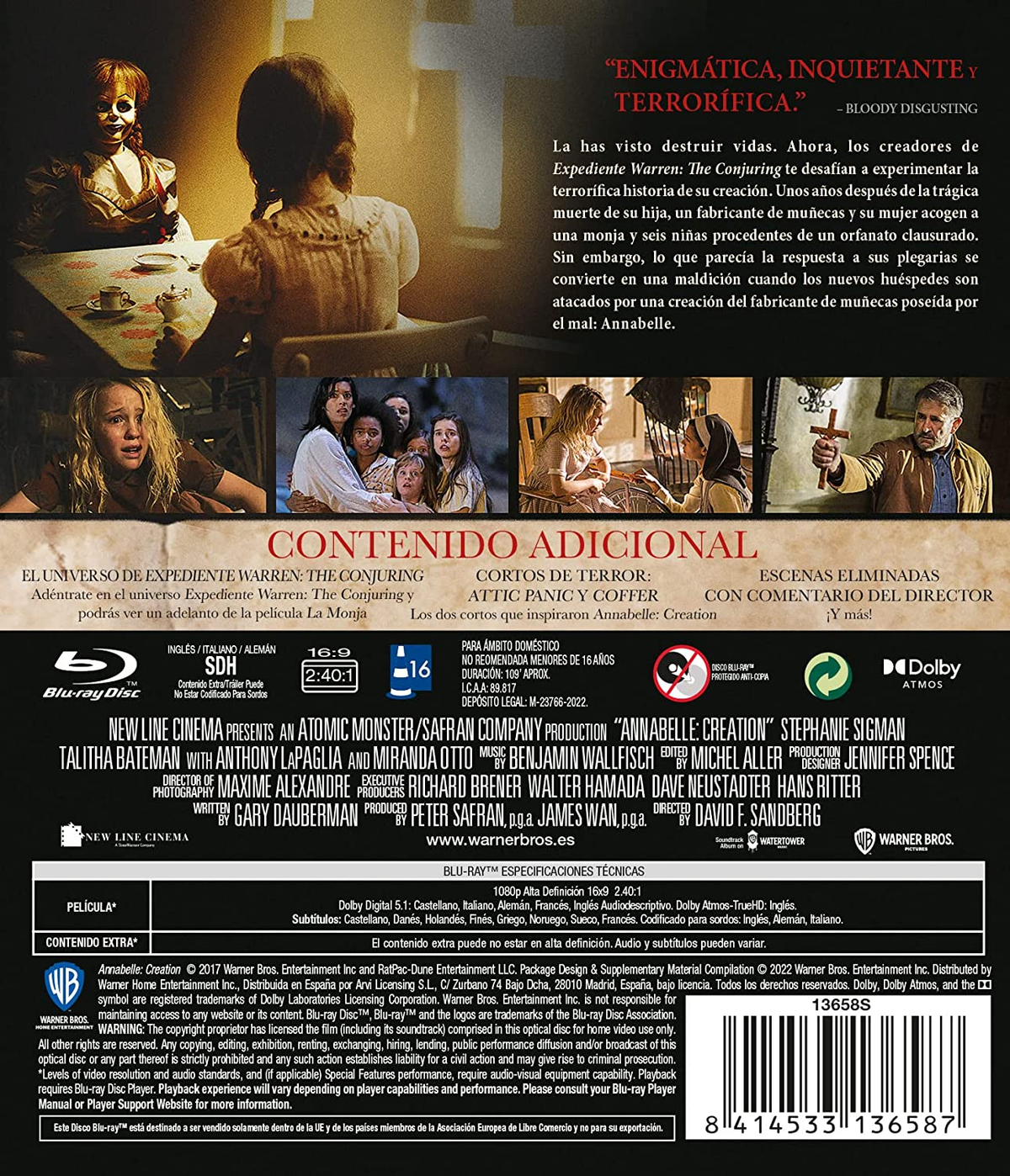 Parte trasera de una caja de Blu-ray con detalles de la película e imágenes relacionadas con una película de terror.