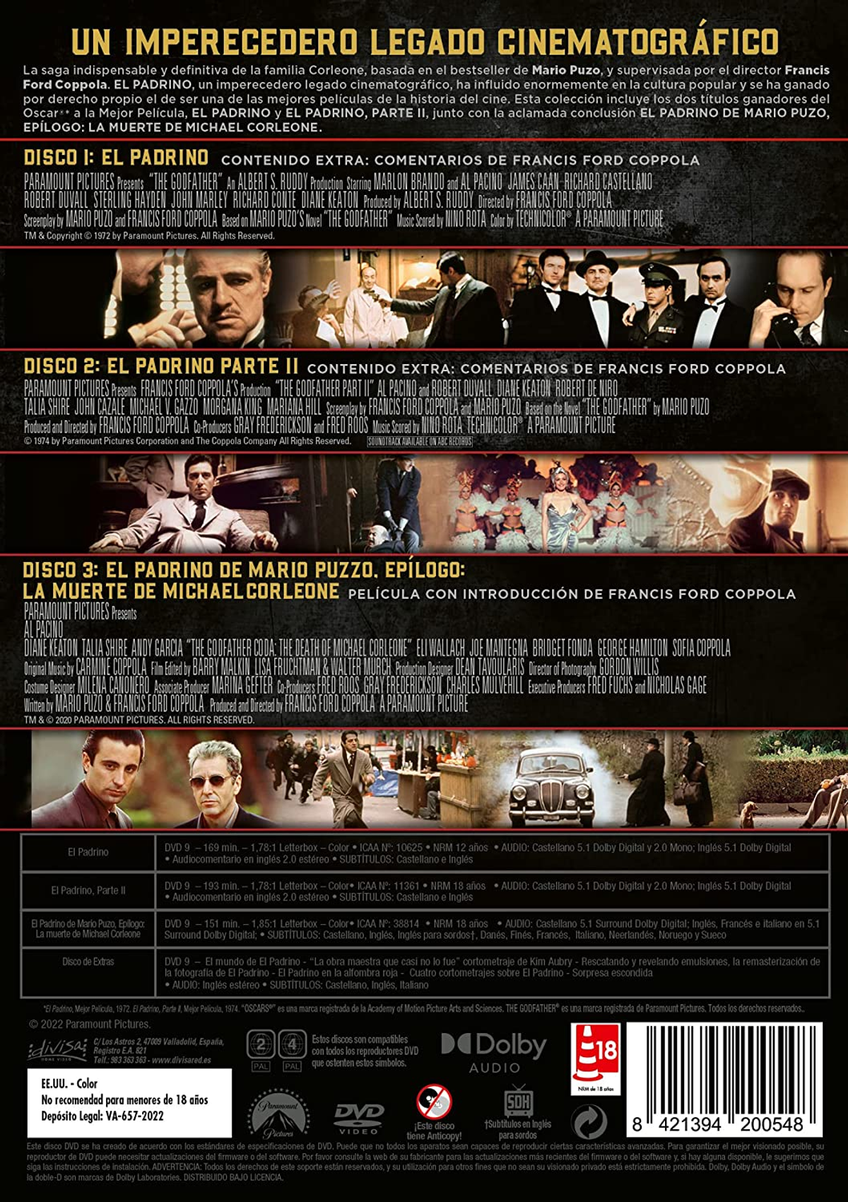 Caja de DVD con títulos de películas y actores, la trilogía El Padrino. Se muestran múltiples fotogramas.