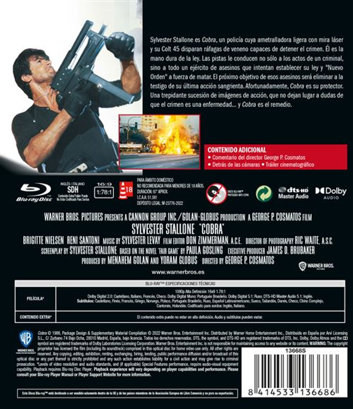 Parte trasera de una caja de disco Blu-ray con texto e imágenes, que representa una escena de la película.