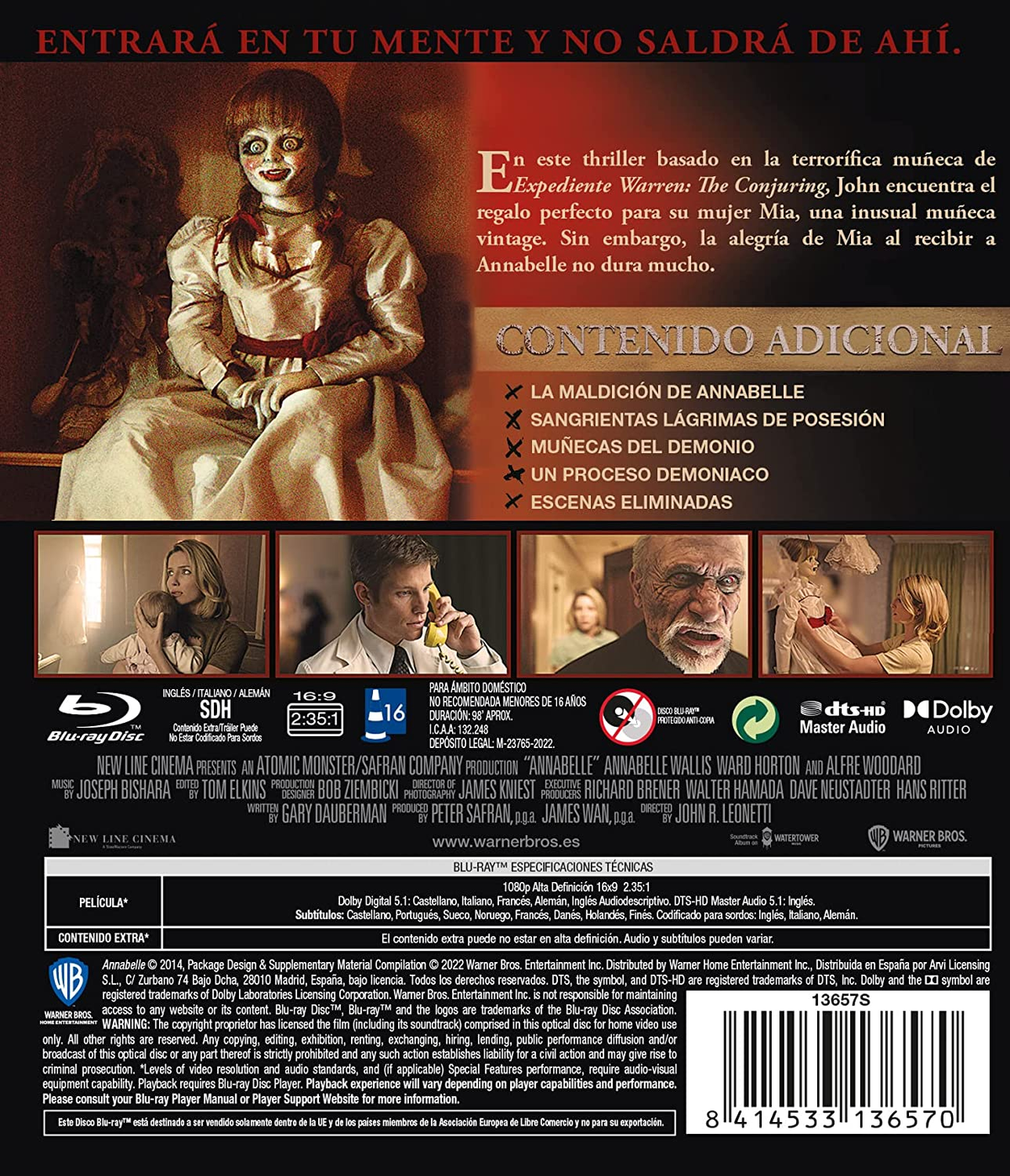 Parte trasera del Blu-ray de 'Annabelle'. Texto en español. Imágenes de los actores y nombre de la película.