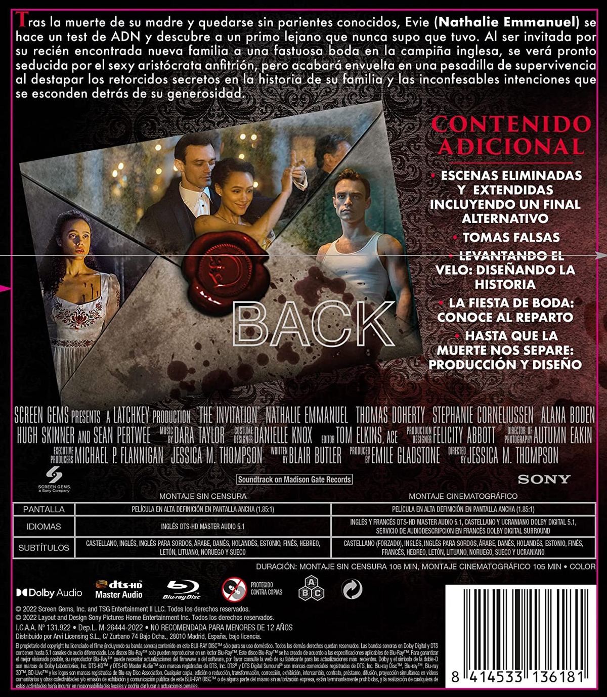 Portada de película con imágenes de actores y texto. Contraportada con créditos y sinopsis.