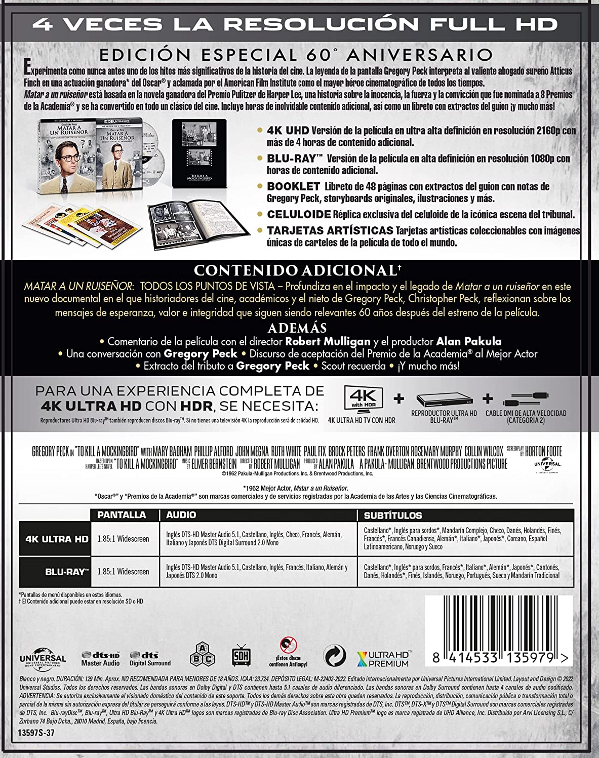 Parte trasera de una caja de película con texto sobre 'Matar a un ruiseñor' y su edición especial.