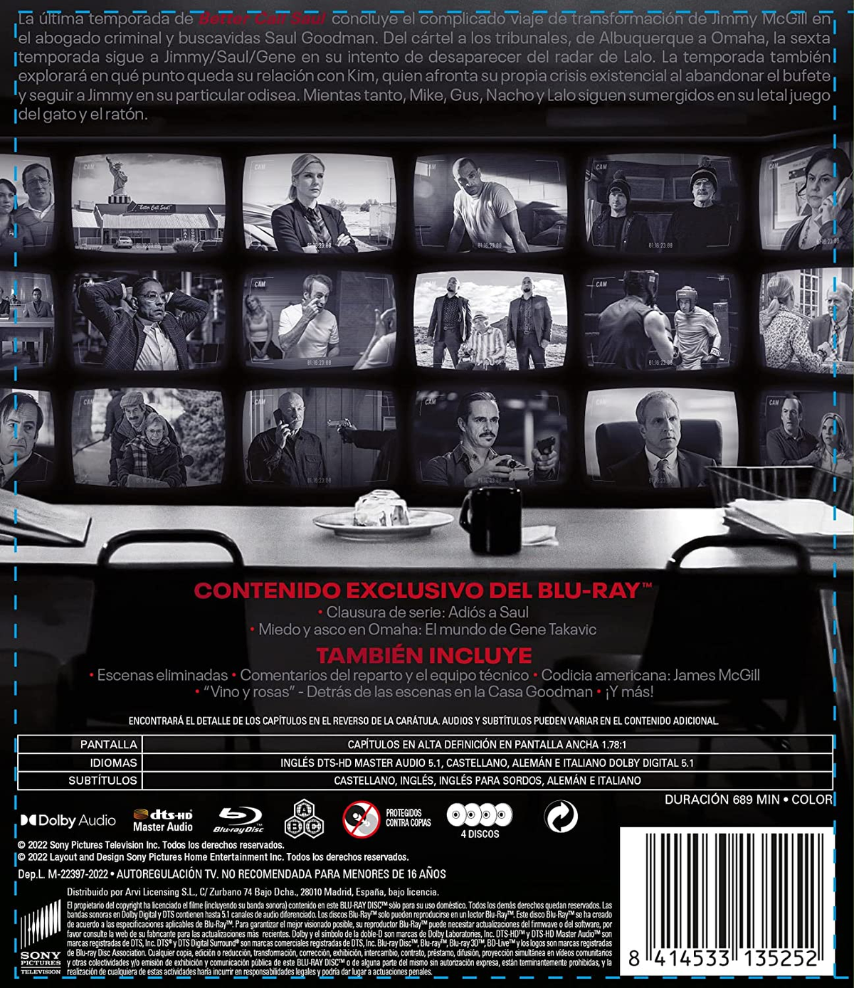 Portada de Blu-ray con múltiples imágenes de personajes. El texto incluye detalles sobre la película y extras.