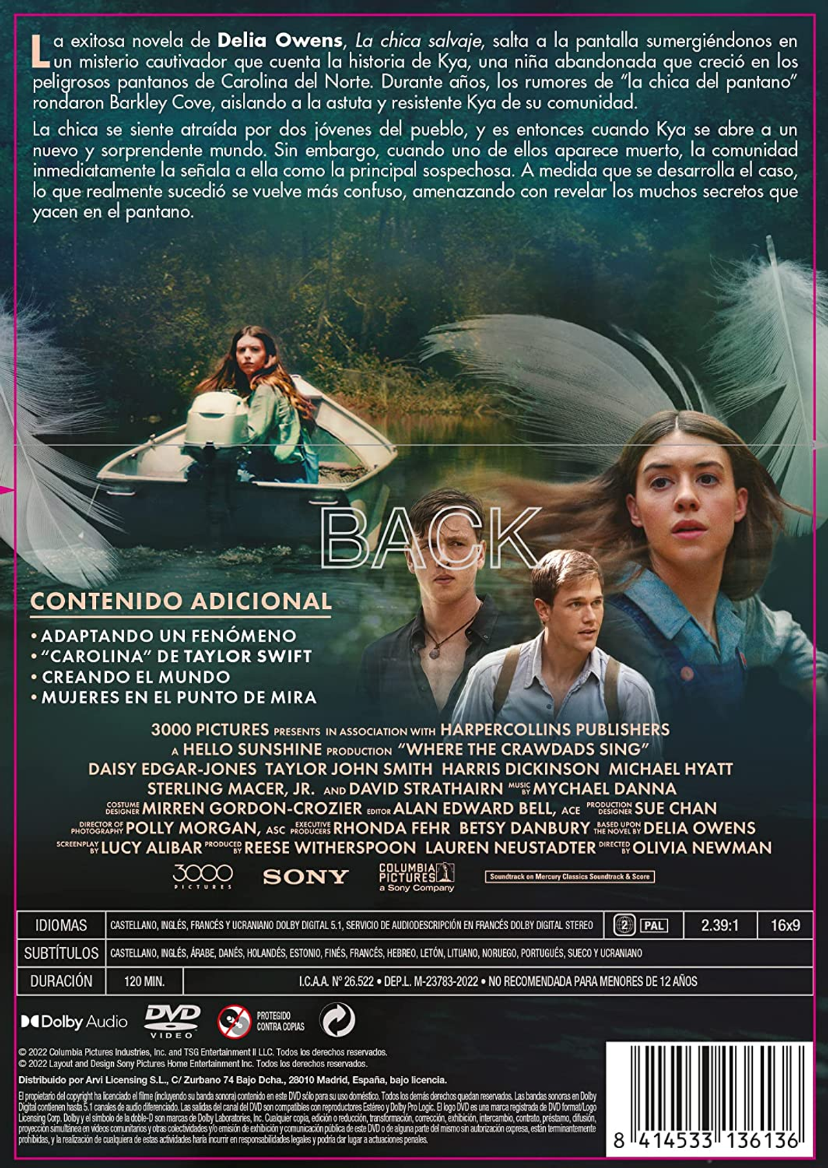 Contraportada de una caja de DVD con detalles de la película y el reparto. Se muestra un grupo de personas en una escena forestal.