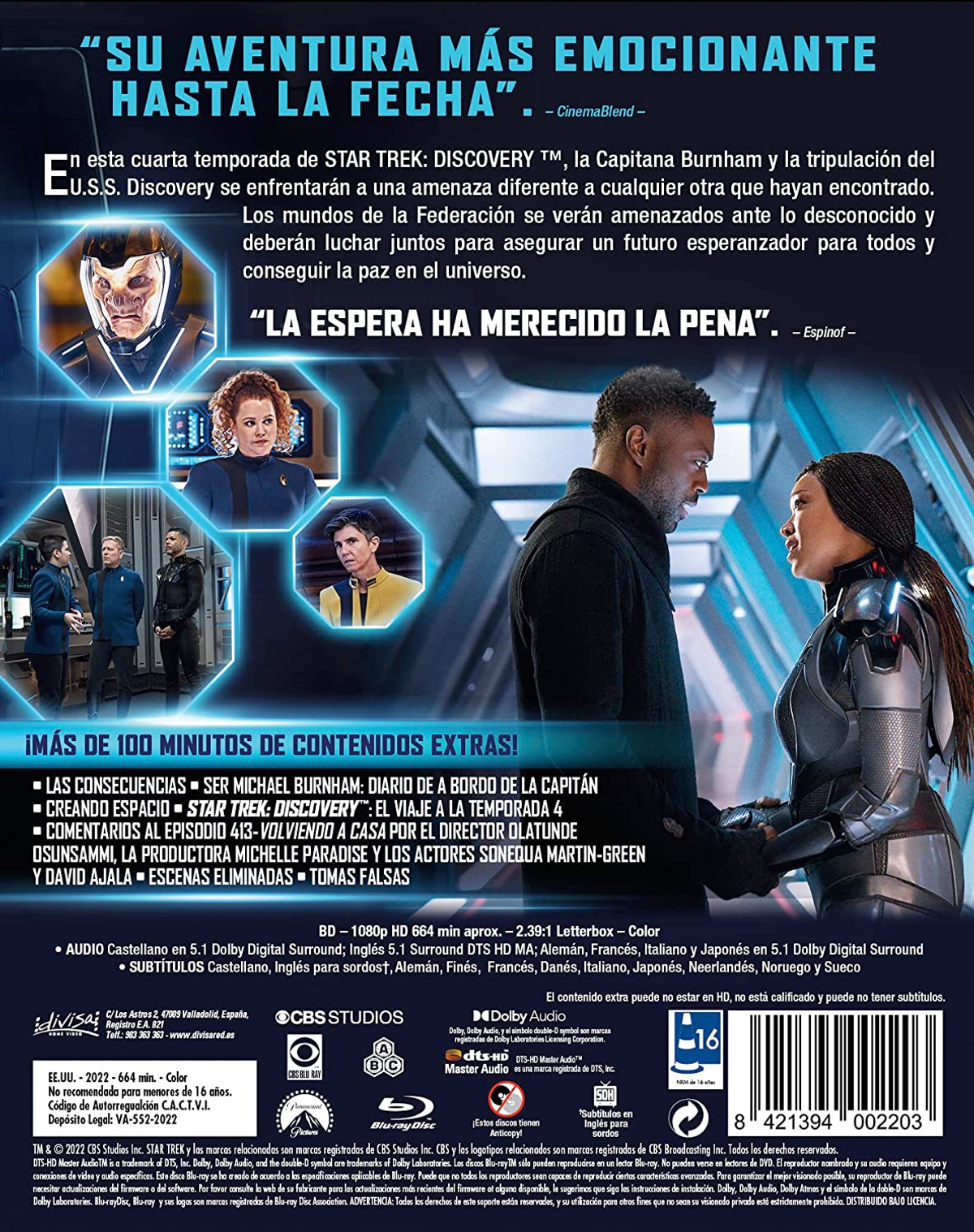 Portada de DVD, Star Trek: Discovery, con imágenes del reparto y texto. Personajes en la portada.