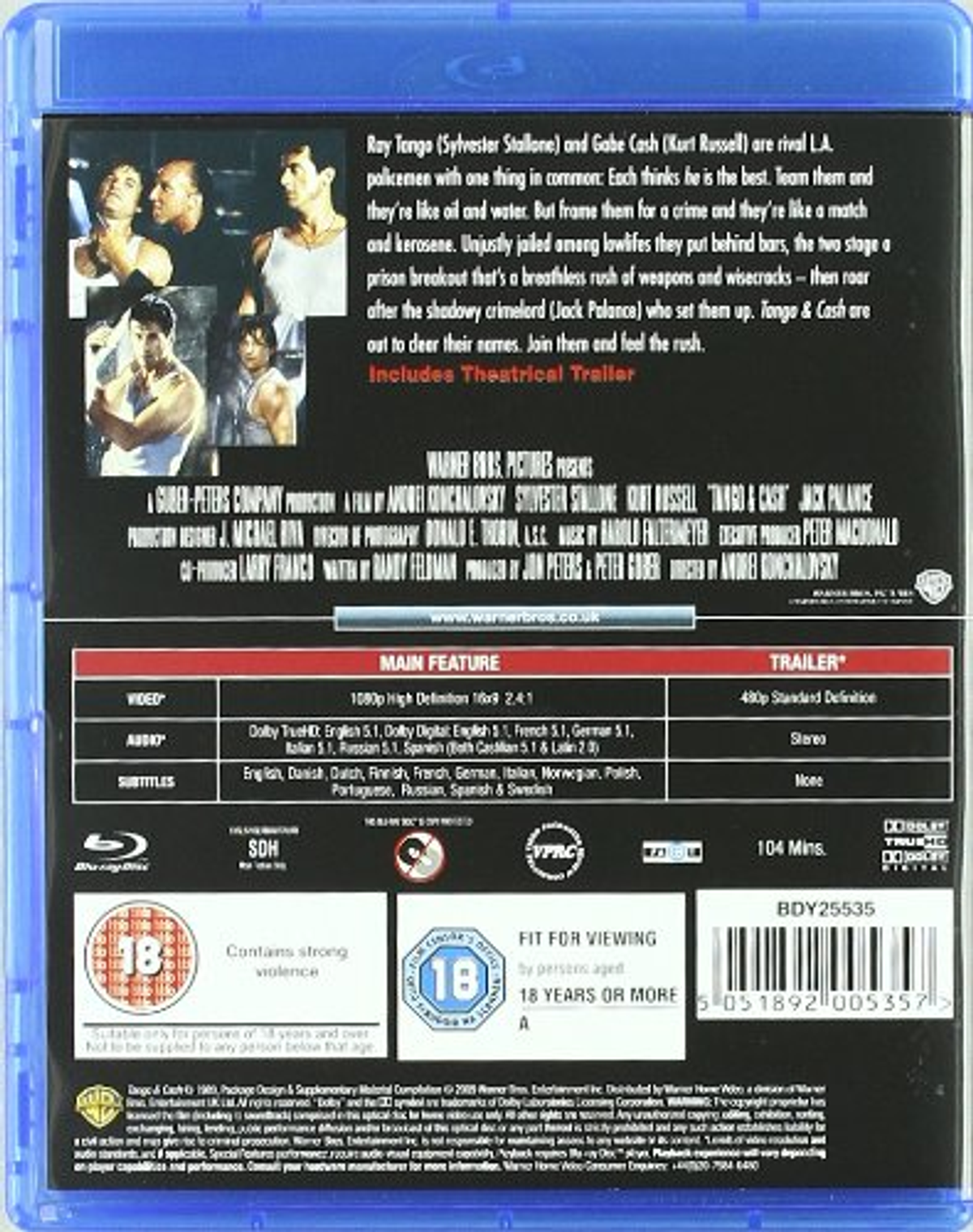 Contraportada de la película 'Tango & Cash' con actores, texto y clasificaciones.