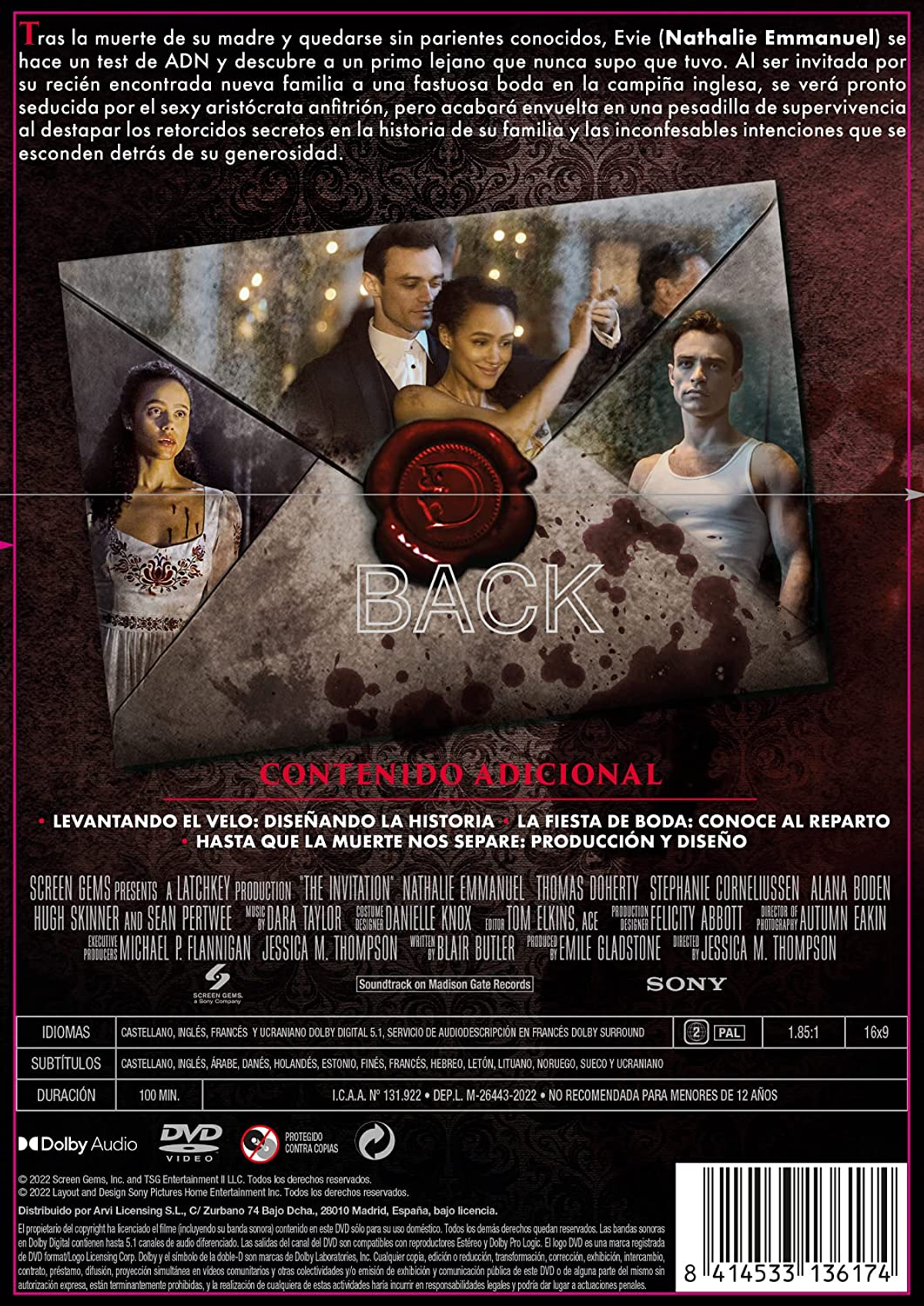 Portada de DVD de la película "La Invitación". Muestra una pareja y el título "BACK" en el centro.