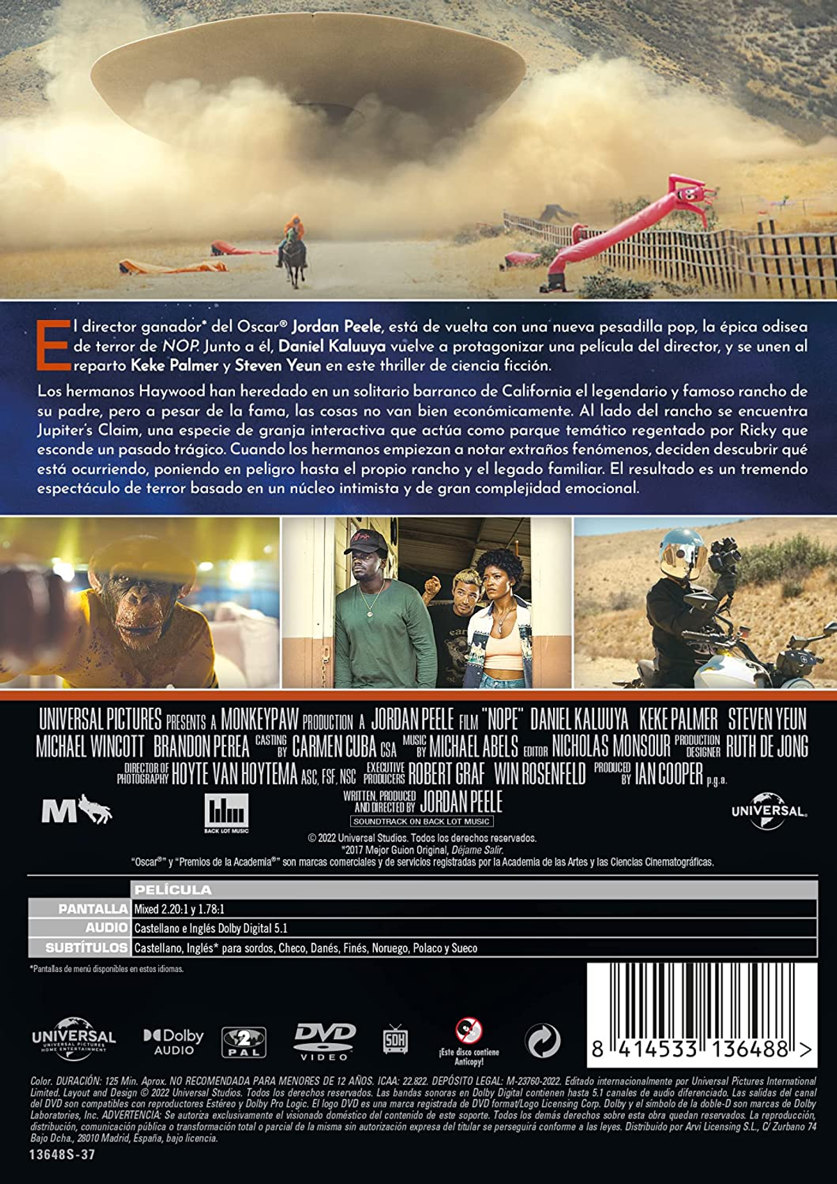 Contraportada de la película 'Nope'. Contiene texto, imágenes y detalles promocionales.
