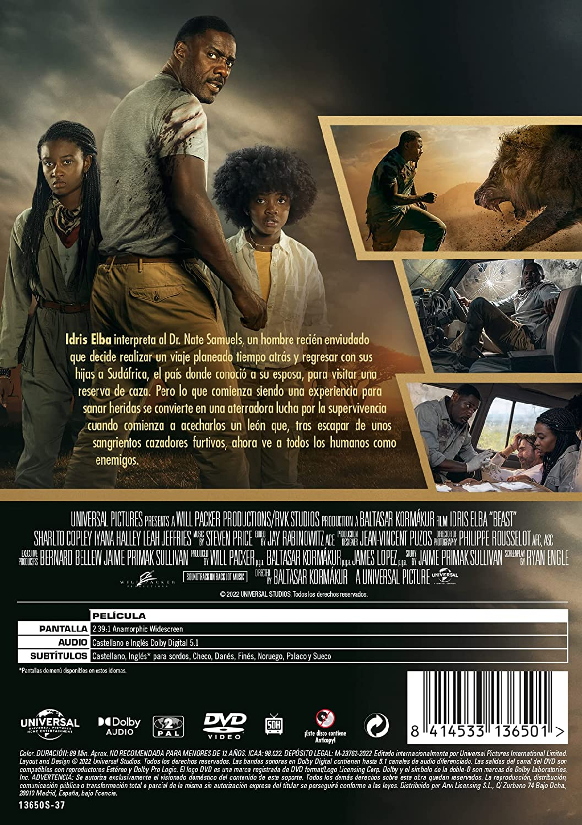 Póster de película. Idris Elba y dos niños en primer plano, con un león en el fondo. El texto en español describe la película.