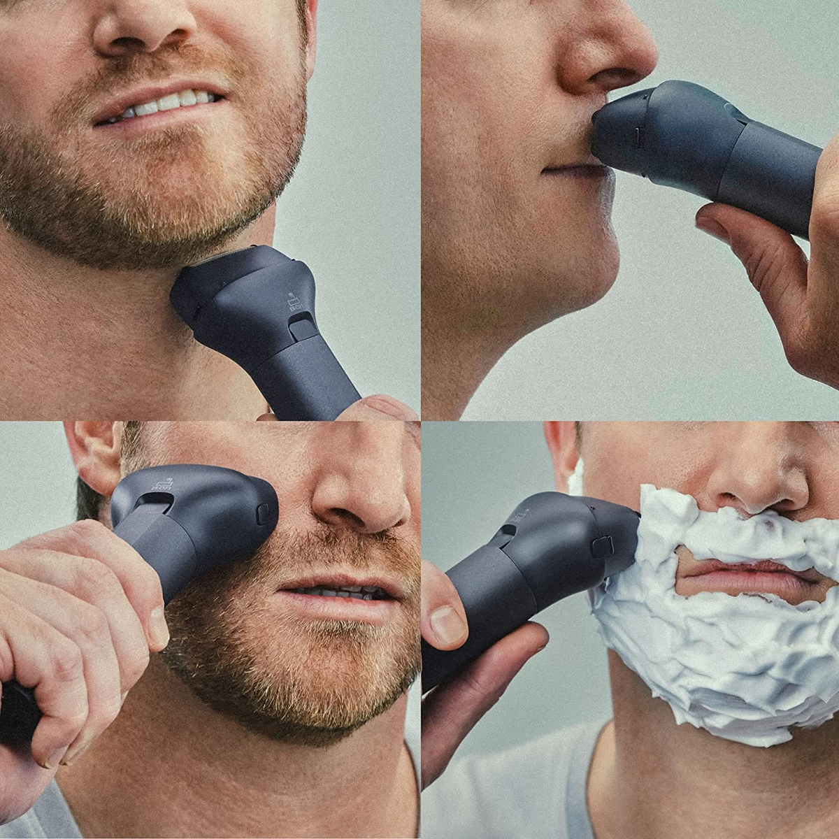 Cztery obrazy pokazujące mężczyznę golącego brodę czarną golarką elektryczną.