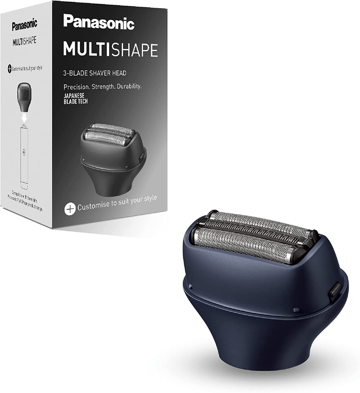 Części golarki. Golarka jest granatowa, z pudełkiem. Pudełko pokazuje golarkę i tekst.