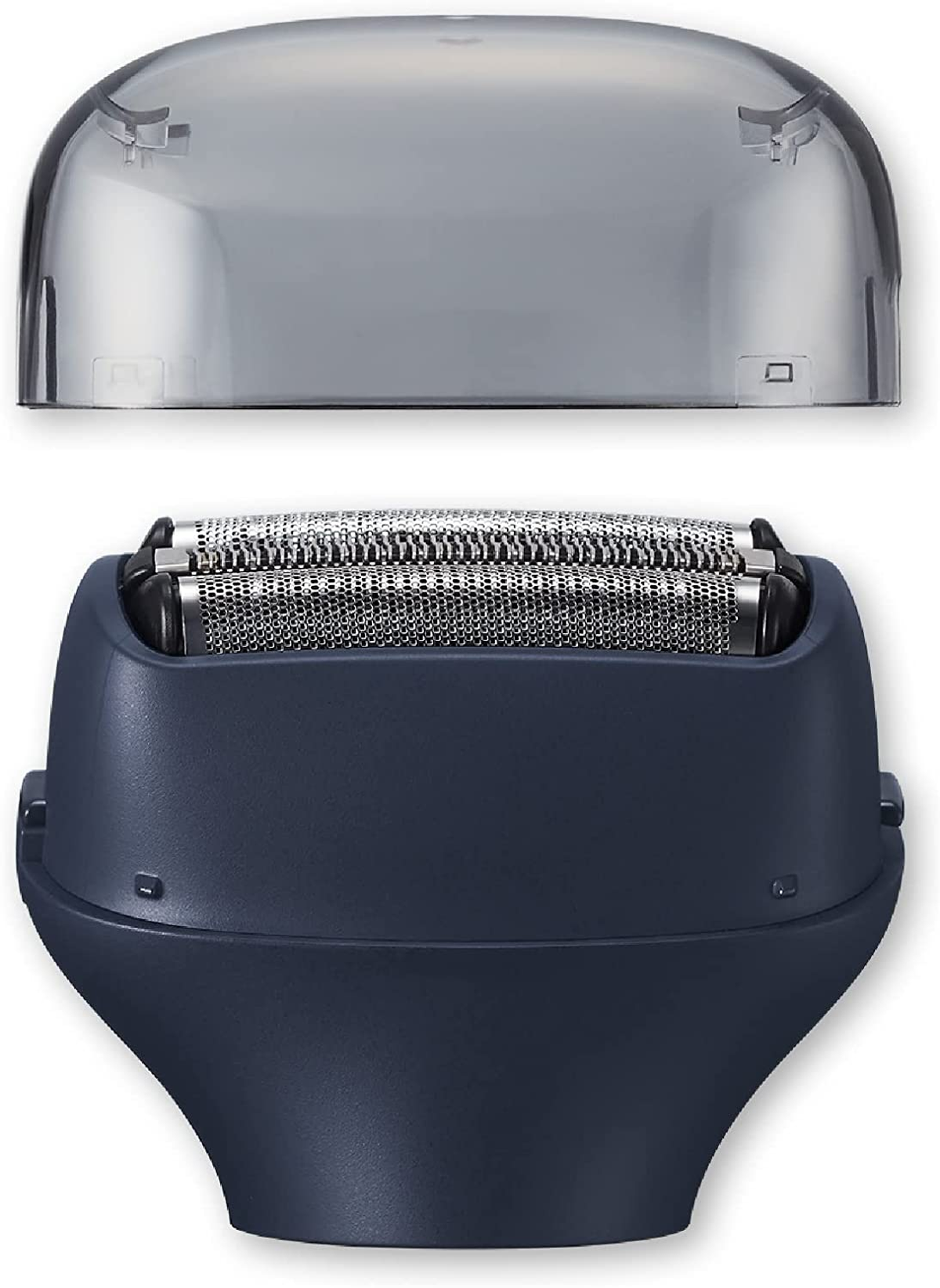 Głowica golarki jest pokazana z przezroczystą plastikową osłoną nad nią. Ma ciemnoniebieski kolor.