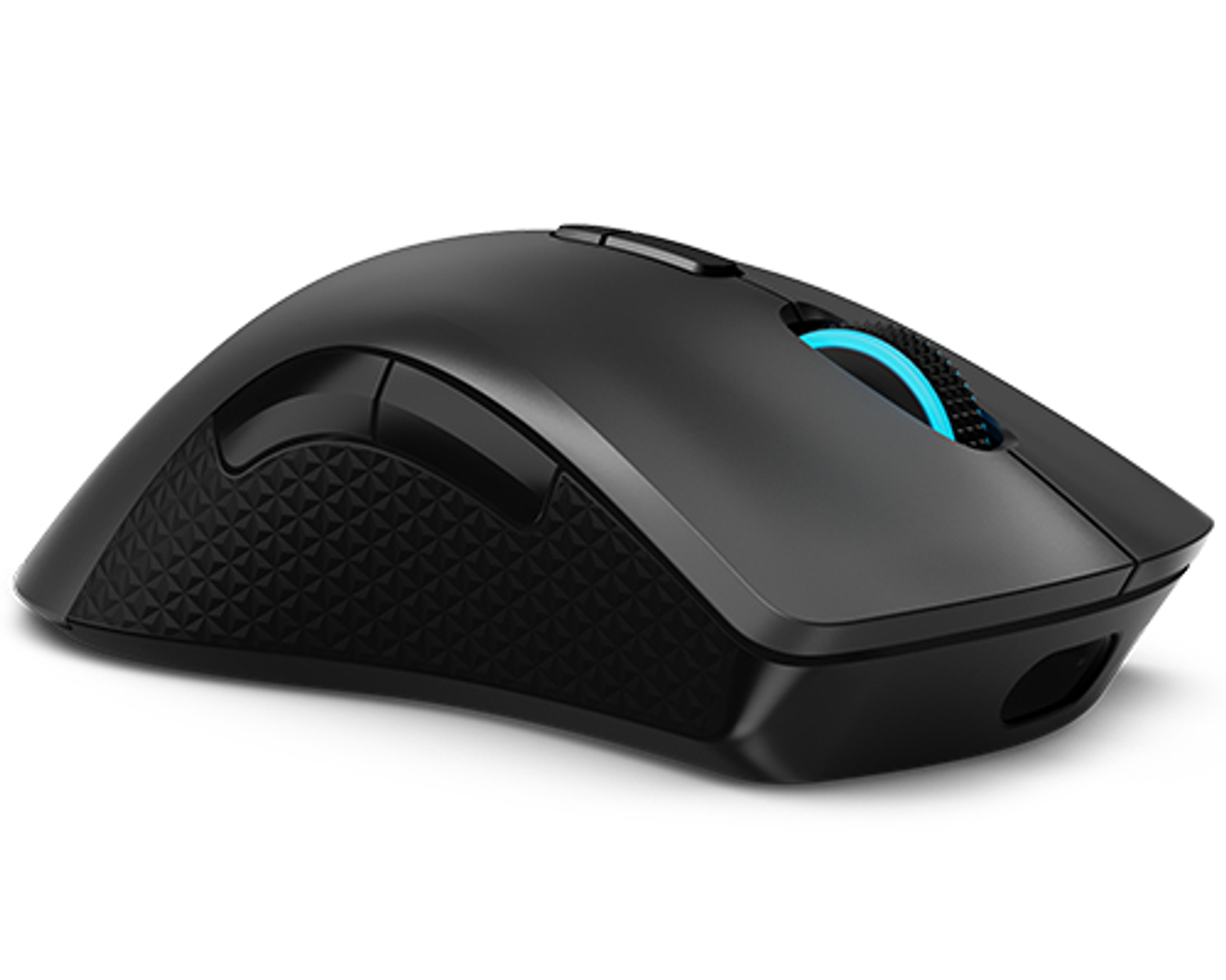 A black computer mouse with a blue light around the scroll wheel, white background.