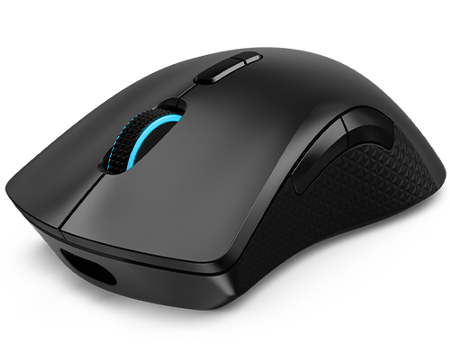 Black wireless computer mouse. It has a blue scroll wheel and a sleek design.