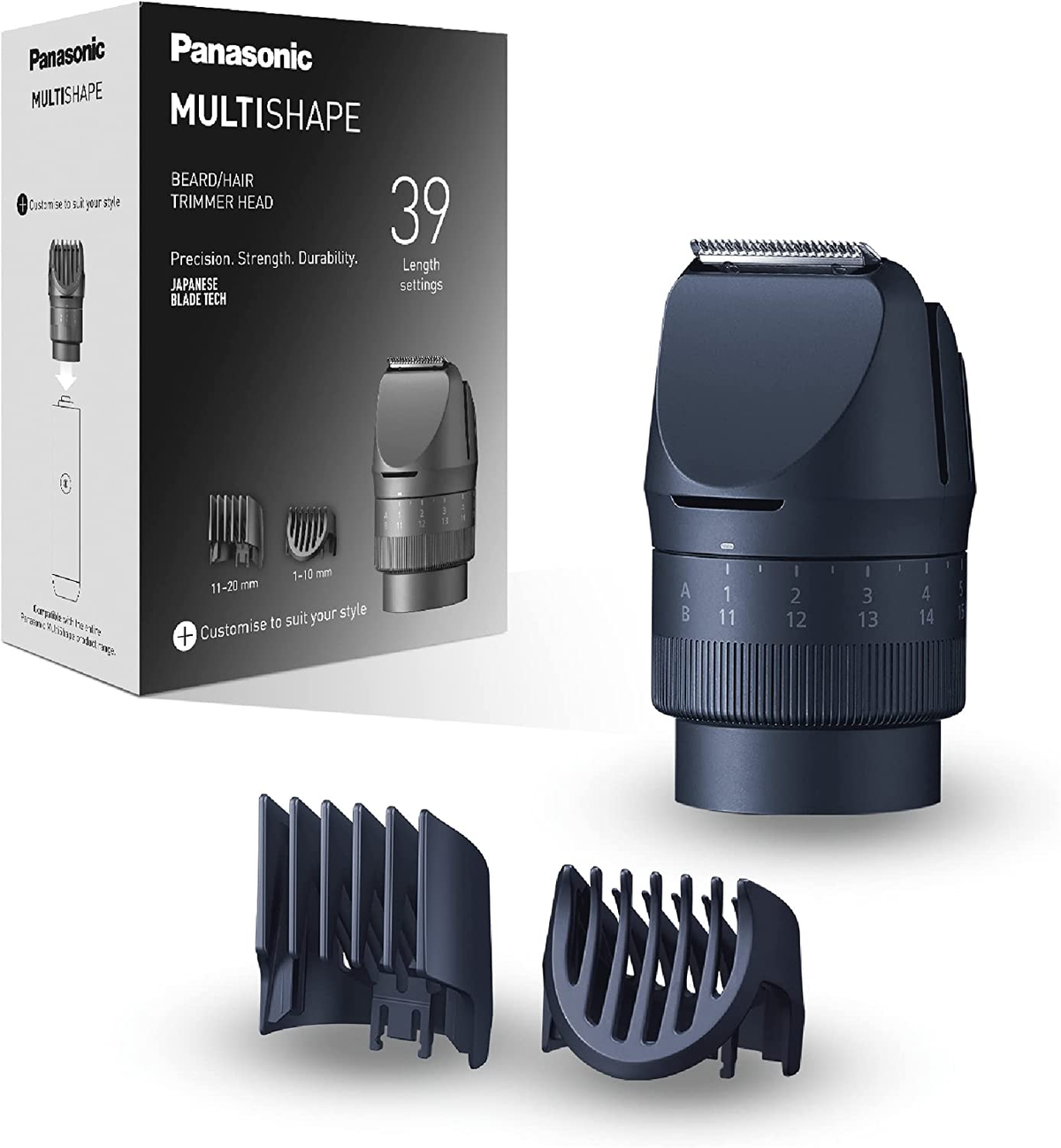 Panasonic Multi-Shape Trimmer. Die Box und der Trimmer befinden sich im Vordergrund.