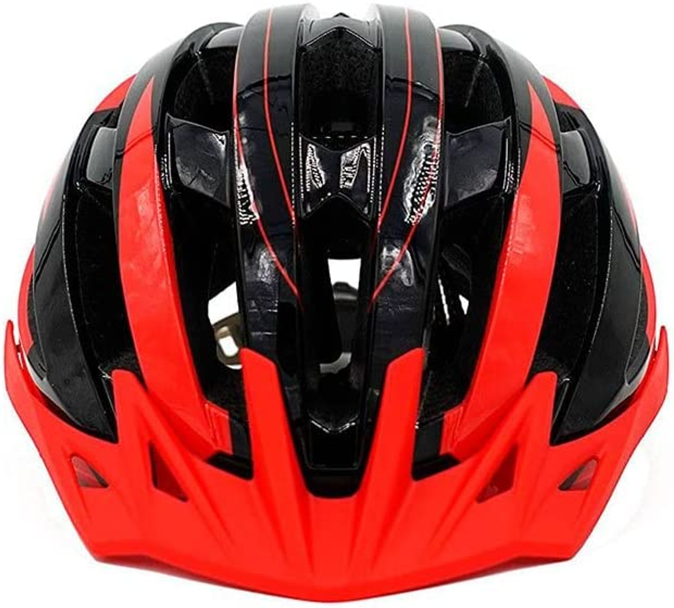 Vista superior de un casco de bicicleta rojo y negro con orificios de ventilación.