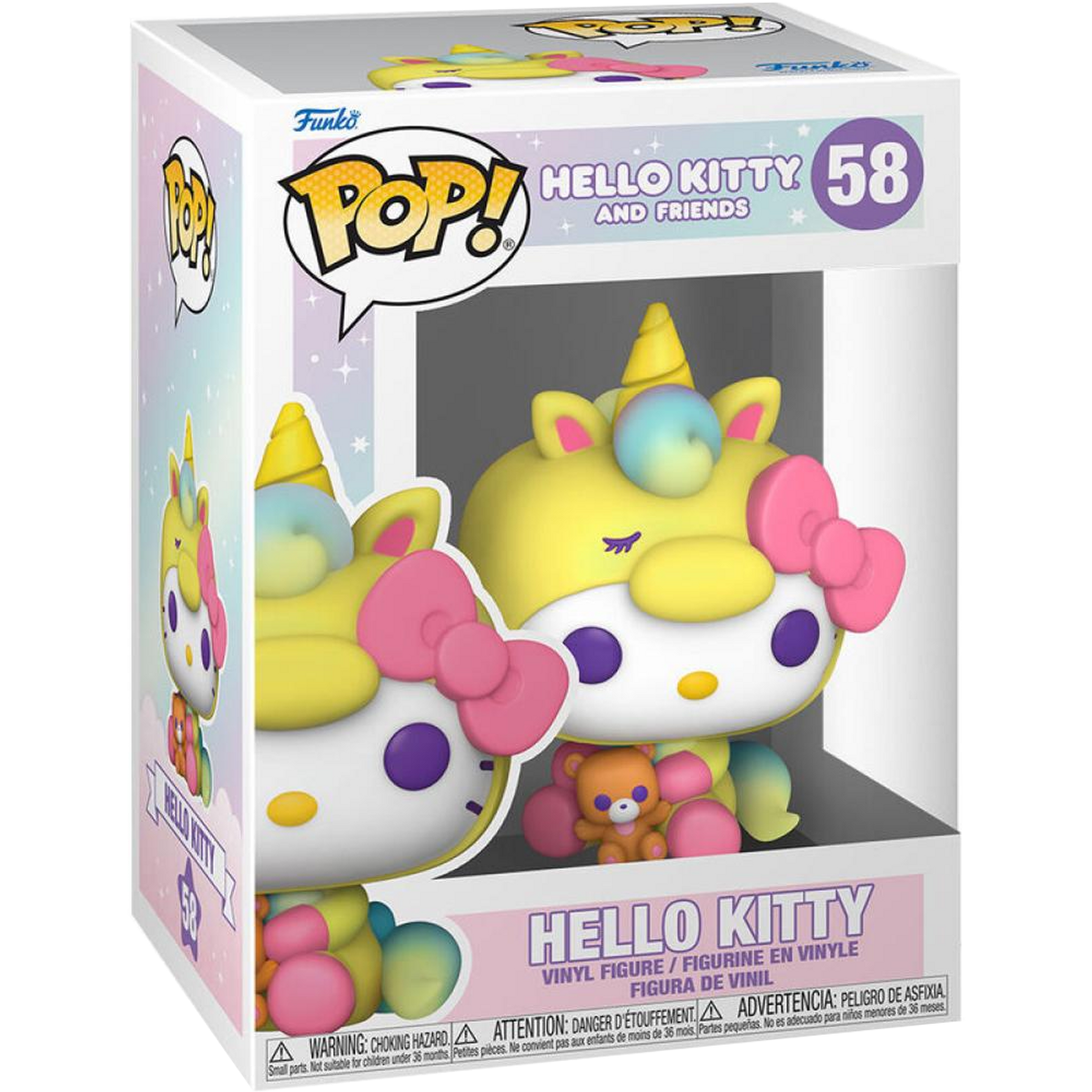Verpackte Funko Pop-Figur. Hello Kitty Einhorn mit rosa Schleife, gelbem Horn und Körper. Inklusive kleiner Bärenfigur.