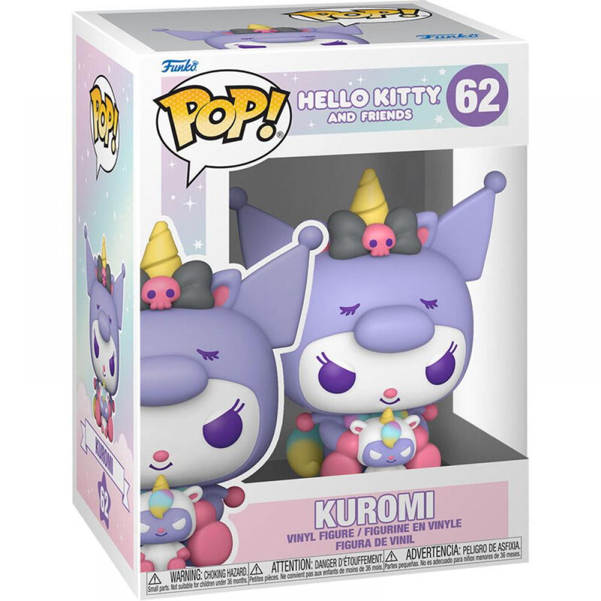 Boxed Funko Pop Figur. Zwei Figuren, Kuromi, halten Stoff-Einhörner. Lila und weiß mit rosa.