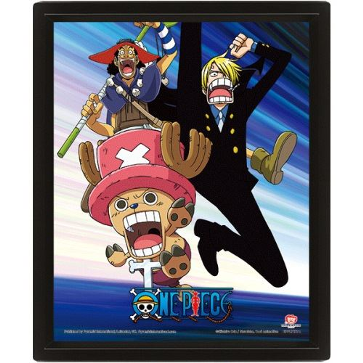 Ilustración de anime enmarcada con personajes de One Piece. Incluye a Luffy, Zoro, Chopper y Usopp. Colores llamativos y pose dinámica.