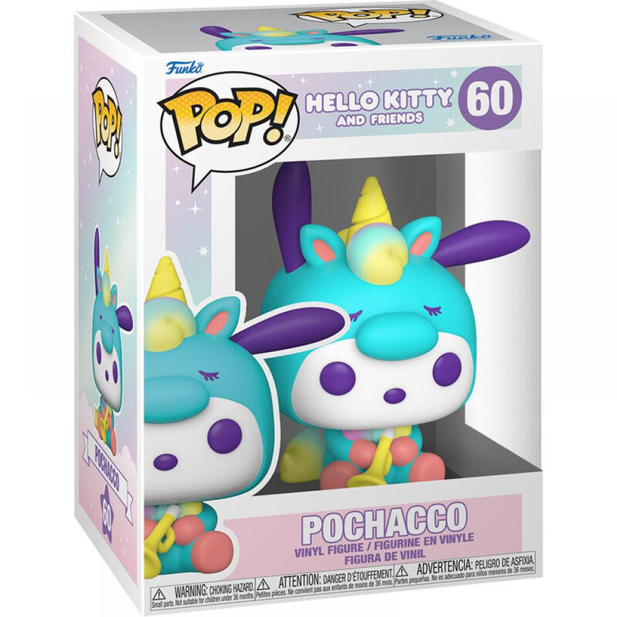 Eine Box mit einer Hello Kitty und Friends Pochacco Figur, ein Einhorn mit Zubehör.