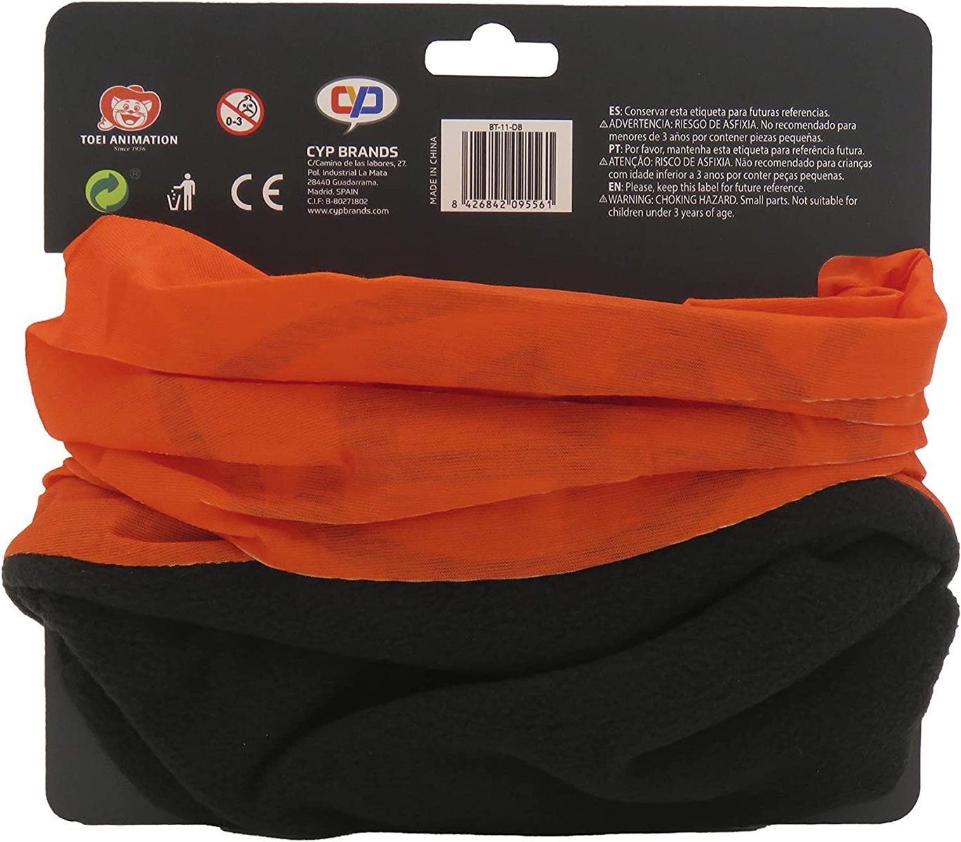Un cuello tubular naranja y negro. Está doblado. Hay una etiqueta de advertencia en la parte trasera.