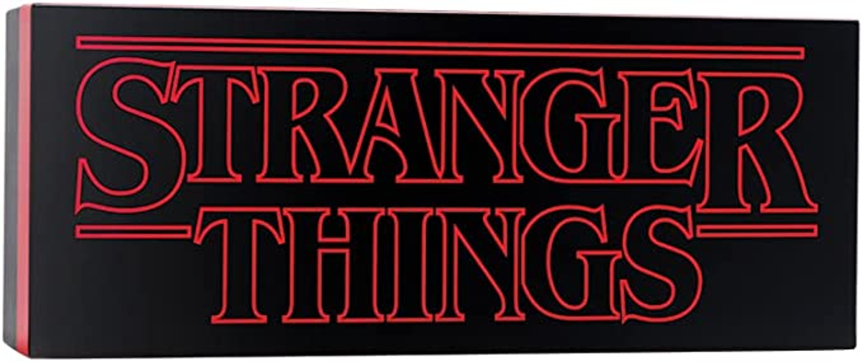 Czarny prostokąt z czerwonym napisem "STRANGER THINGS".