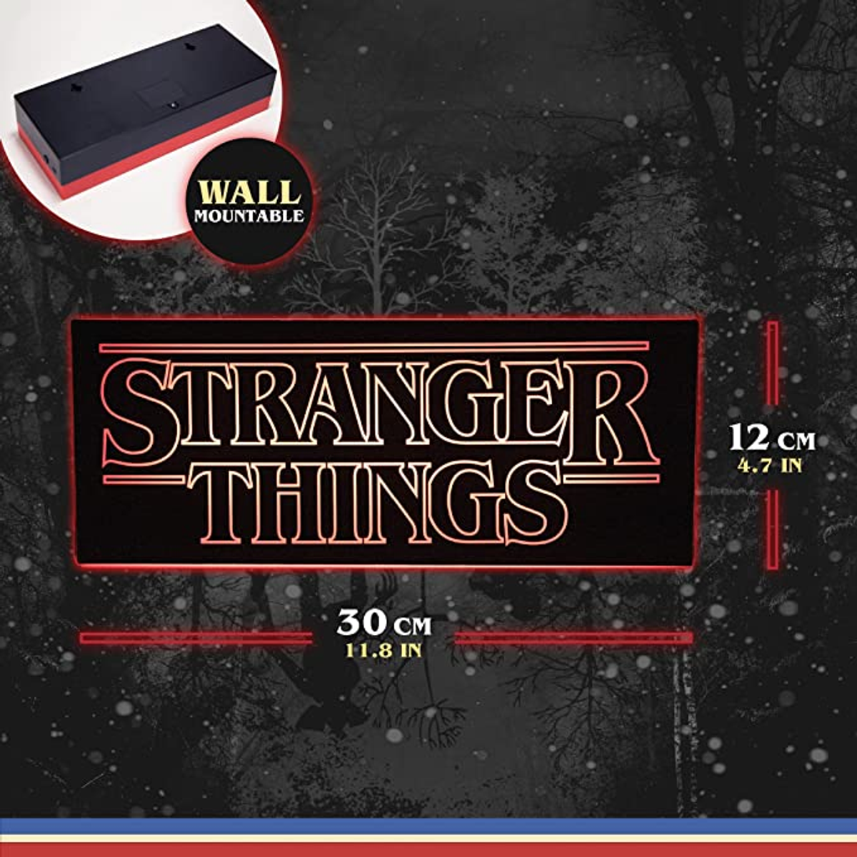 Neonowy znak Stranger Things w ciemnym otoczeniu.