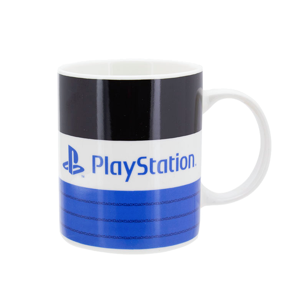 Taza blanca con rayas negras y azules y el logotipo de PlayStation.
