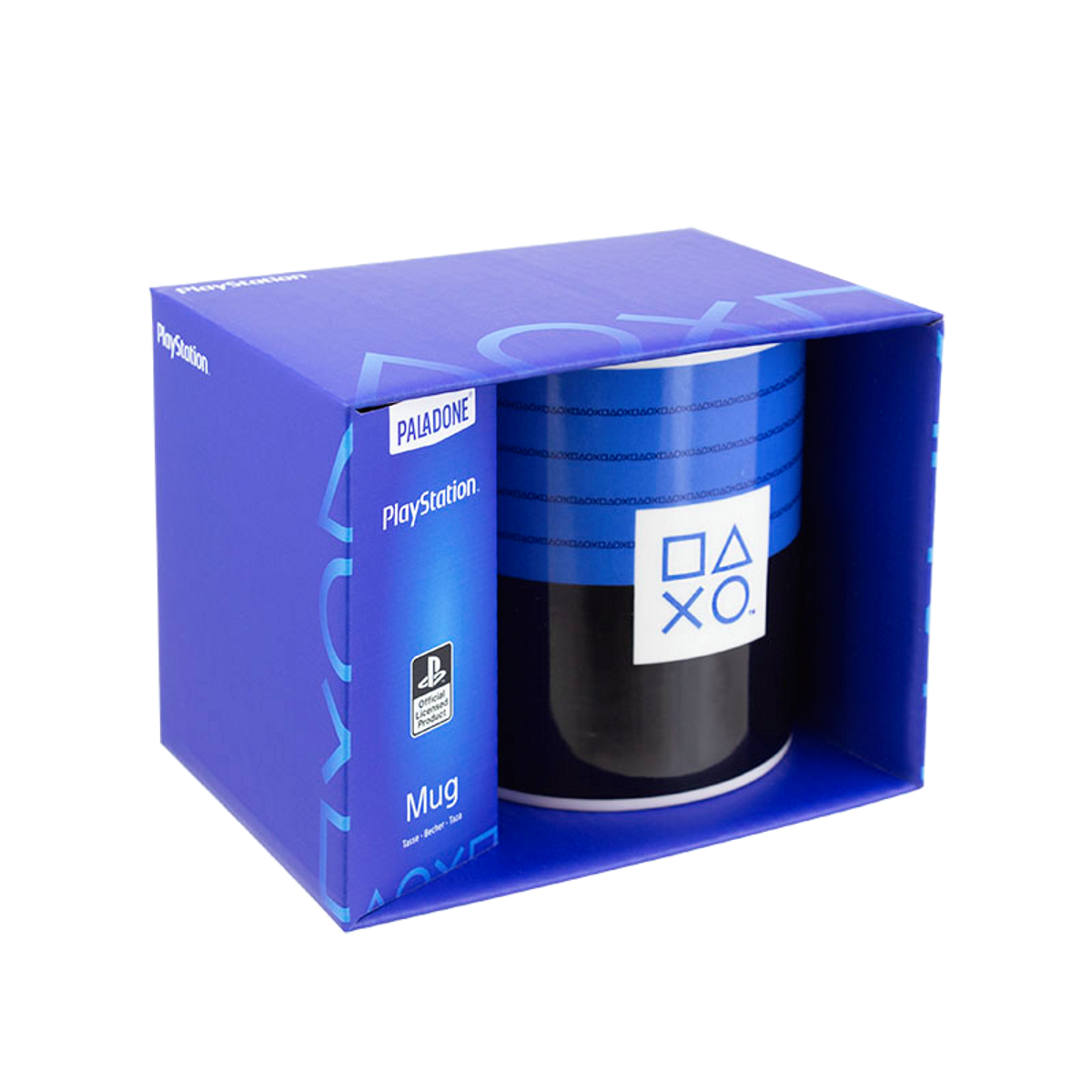 Taza azul de PlayStation en una caja azul. La taza tiene símbolos de PlayStation.