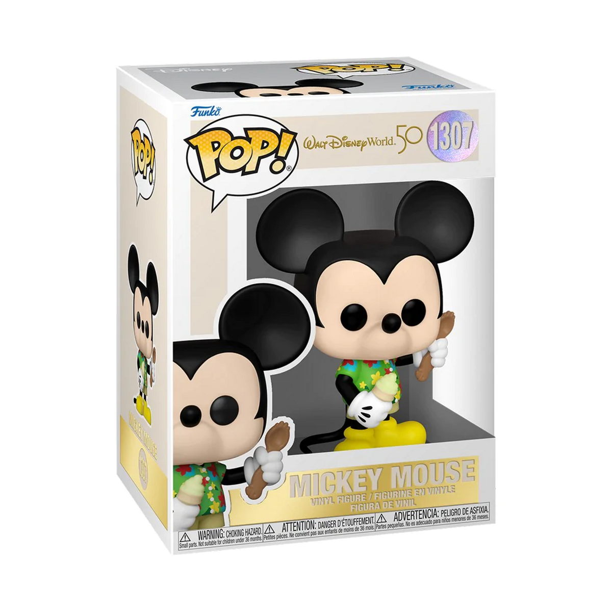 Mickey Mouse-Figur in einer Box, trägt ein Hawaiihemd, hält eine Schaufel.