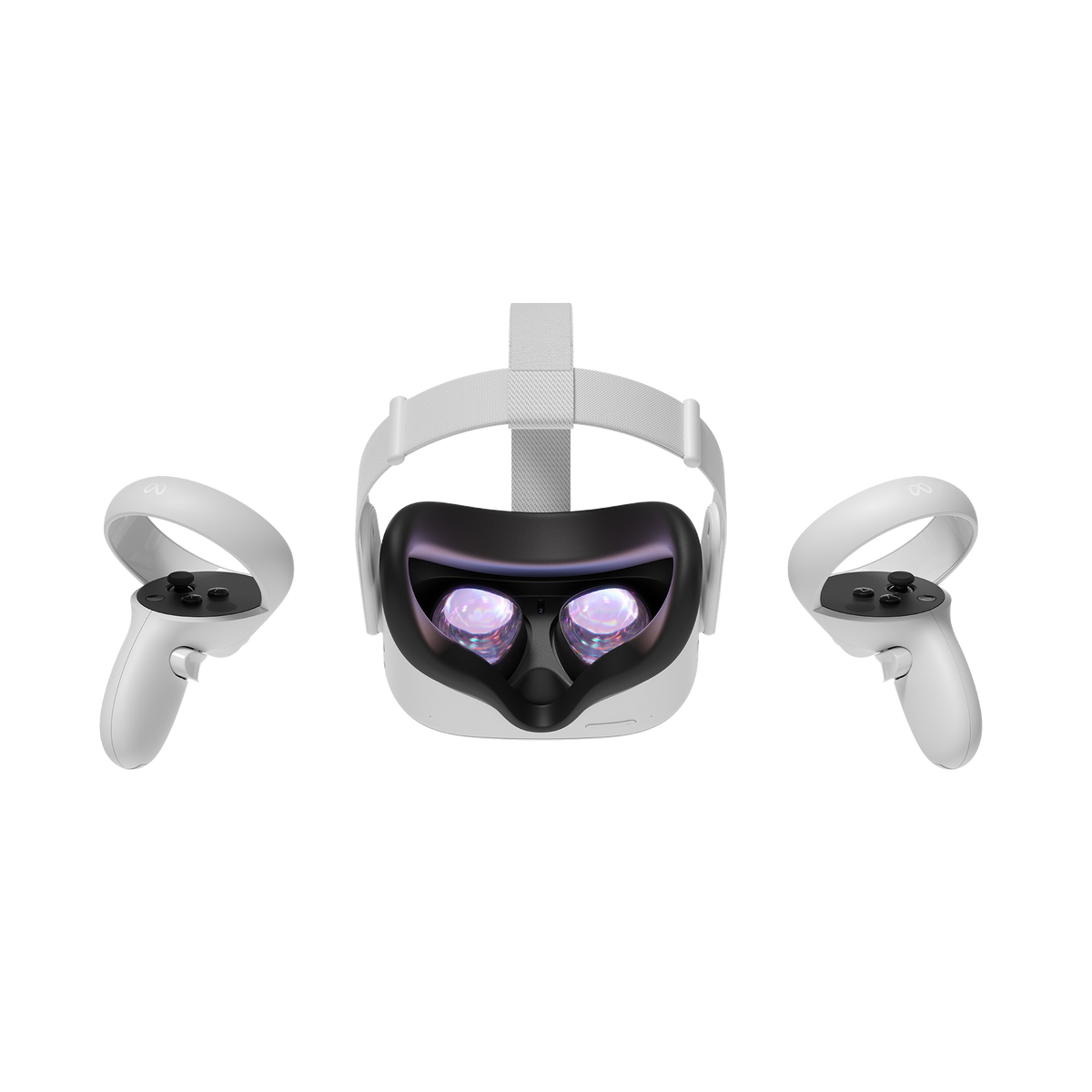 Ein VR-Headset mit Controllern, vor schwarzem Hintergrund.