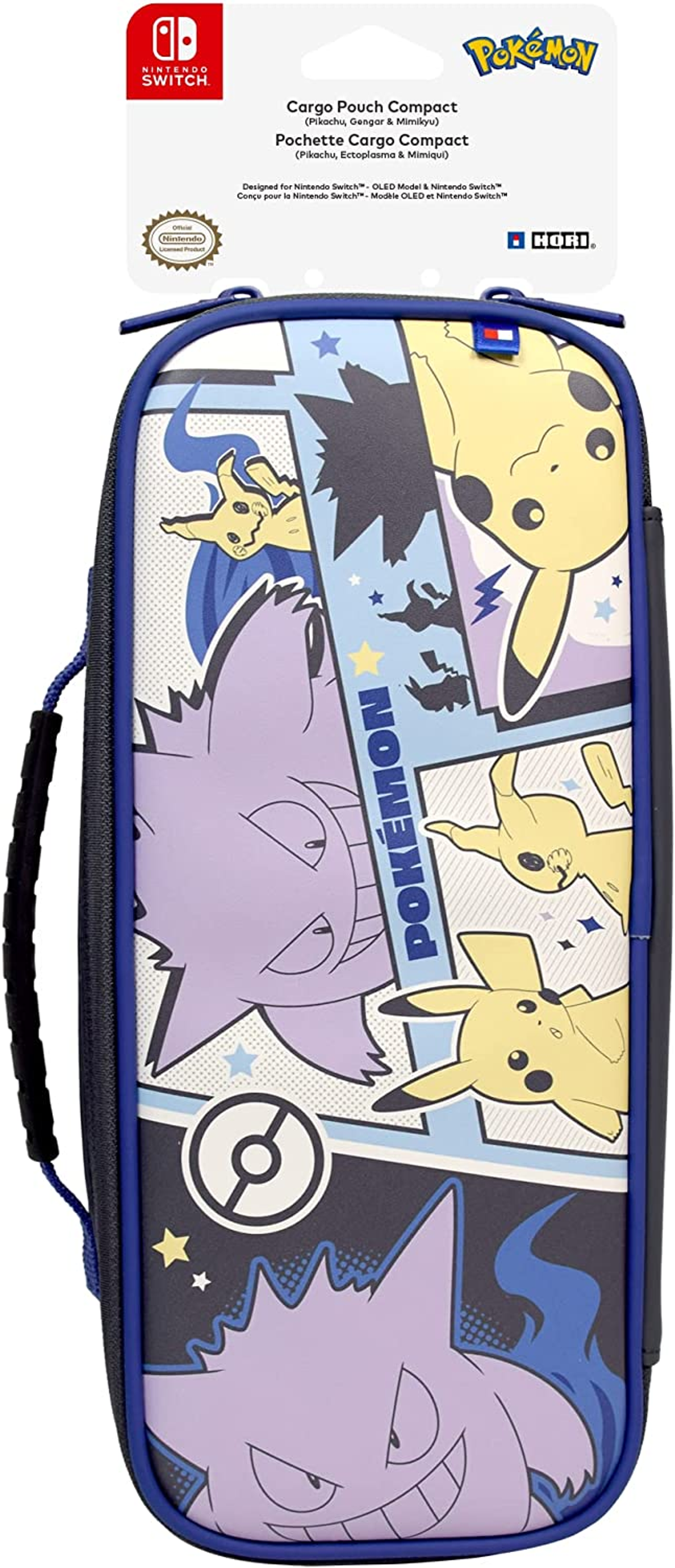 Un estuche temático de Pokémon para una Nintendo Switch. Presenta a Pikachu y Gengar sobre un fondo azul.