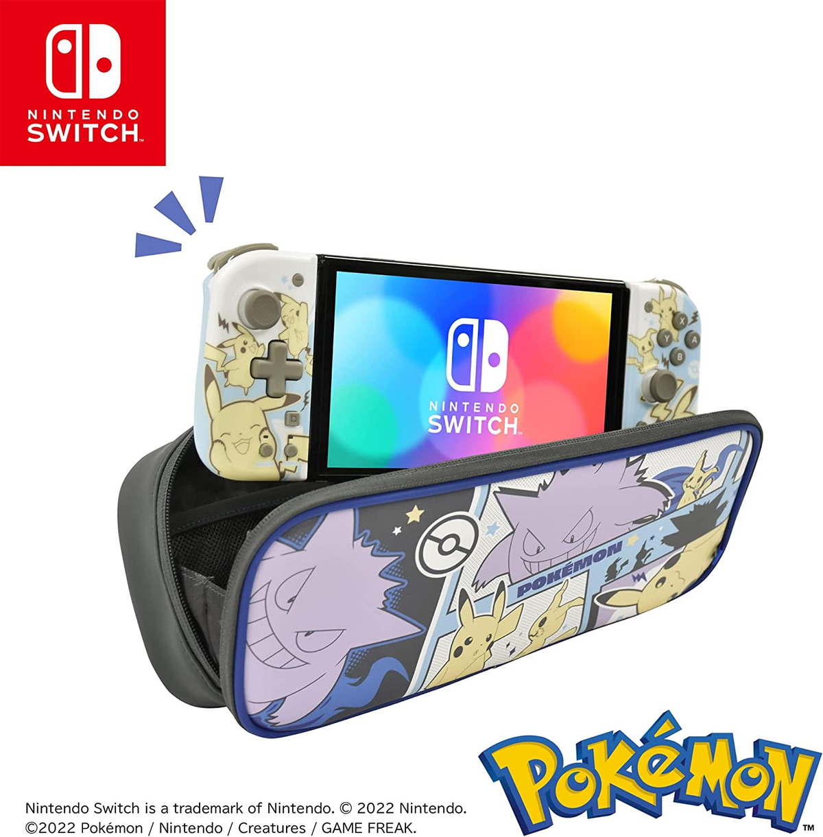 Consola Nintendo Switch con Joy-Cons y funda de Pokémon.