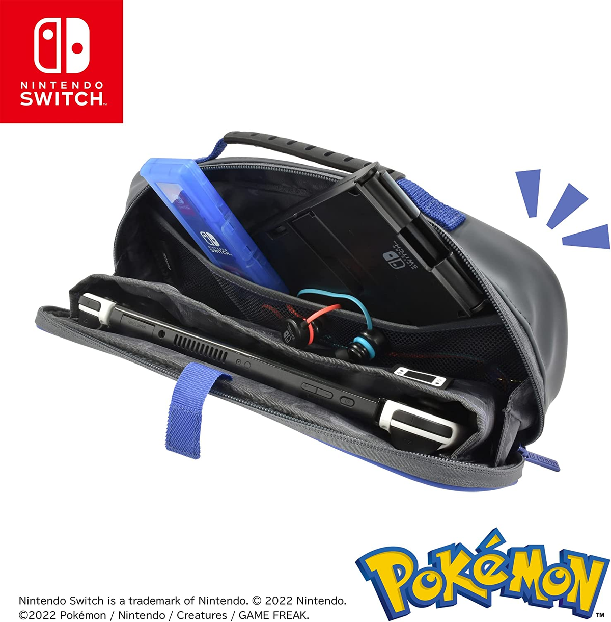 Czarny i niebieski futerał Nintendo Switch, otwarty, aby odsłonić Switch, grę i akcesoria.