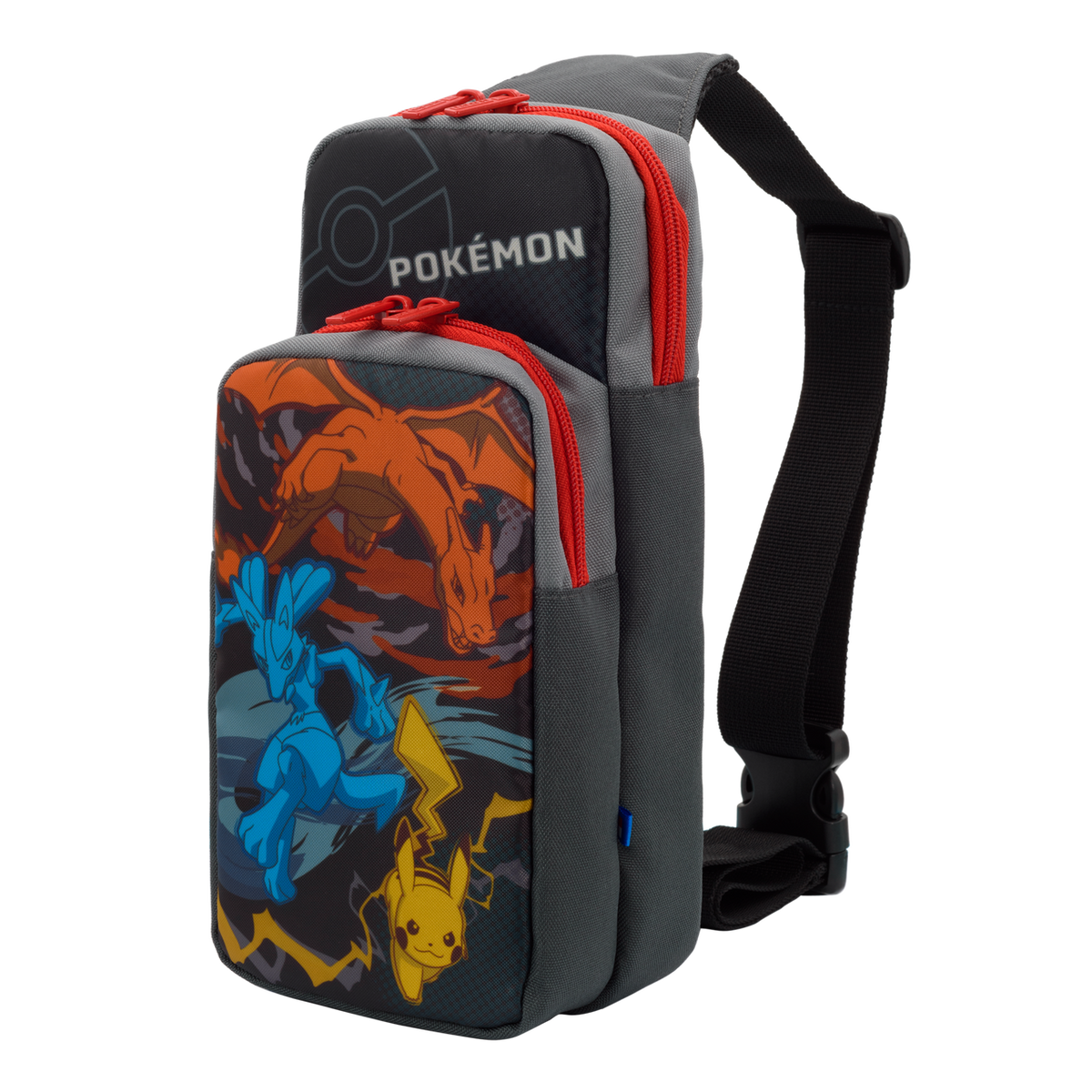 Torba na ramię Pokemon z wzorami Charizarda, Lucario i Pikachu, szara z czerwonymi zamkami i paskiem.