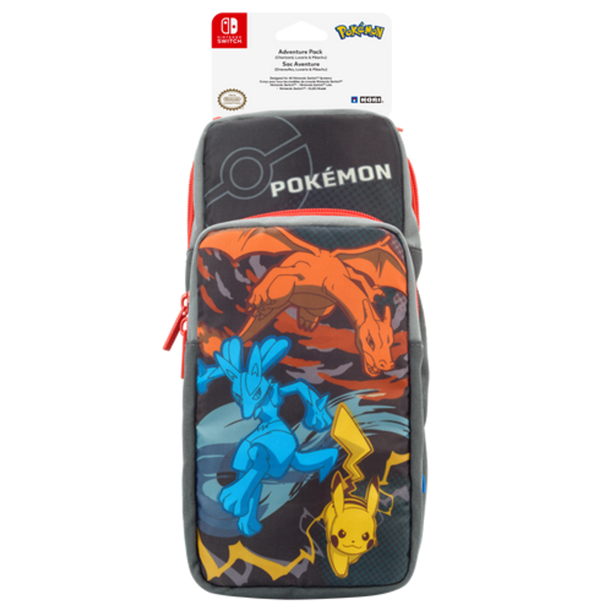 Etui na Switch w tematyce Pokemon z projektem z Charizardem, Lucario i Pikachu.
