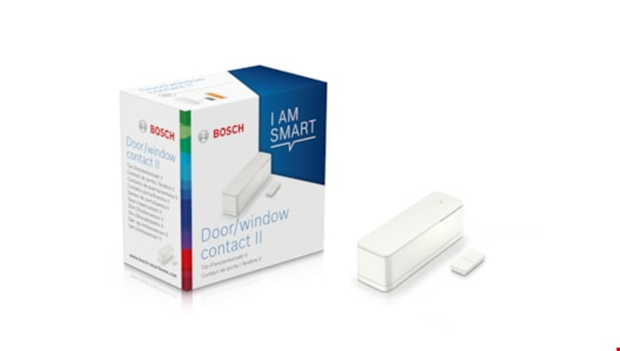 Weiße und blaue Box mit Bosch-Logo und weißem Tür-/Fensterkontakt II. Die Box hat Text darauf.