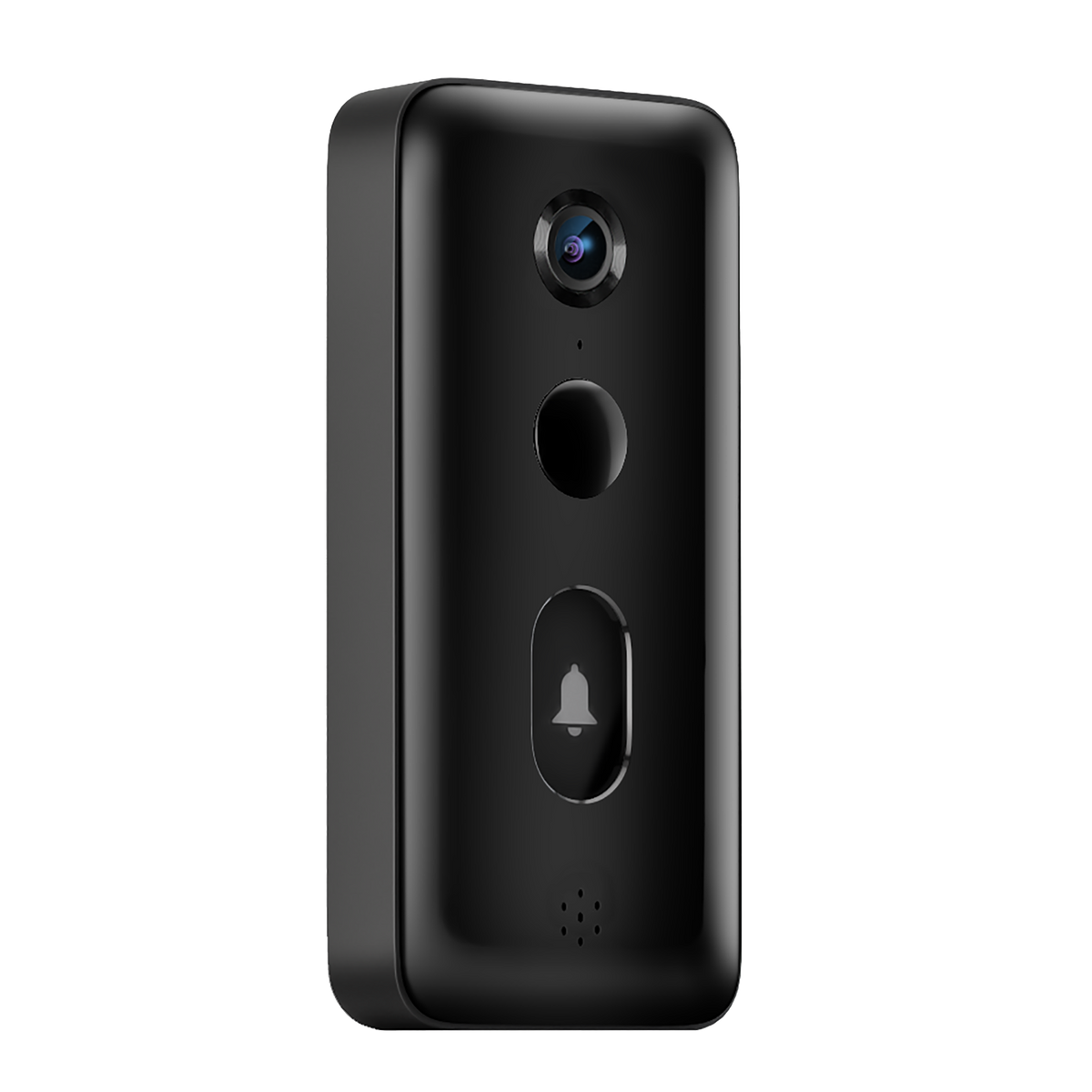 Czarny dzwonek do drzwi z kamerą, przyciskiem i ikoną dzwonka. Ma elegancki wygląd i jest zamontowany na czarnej powierzchni.