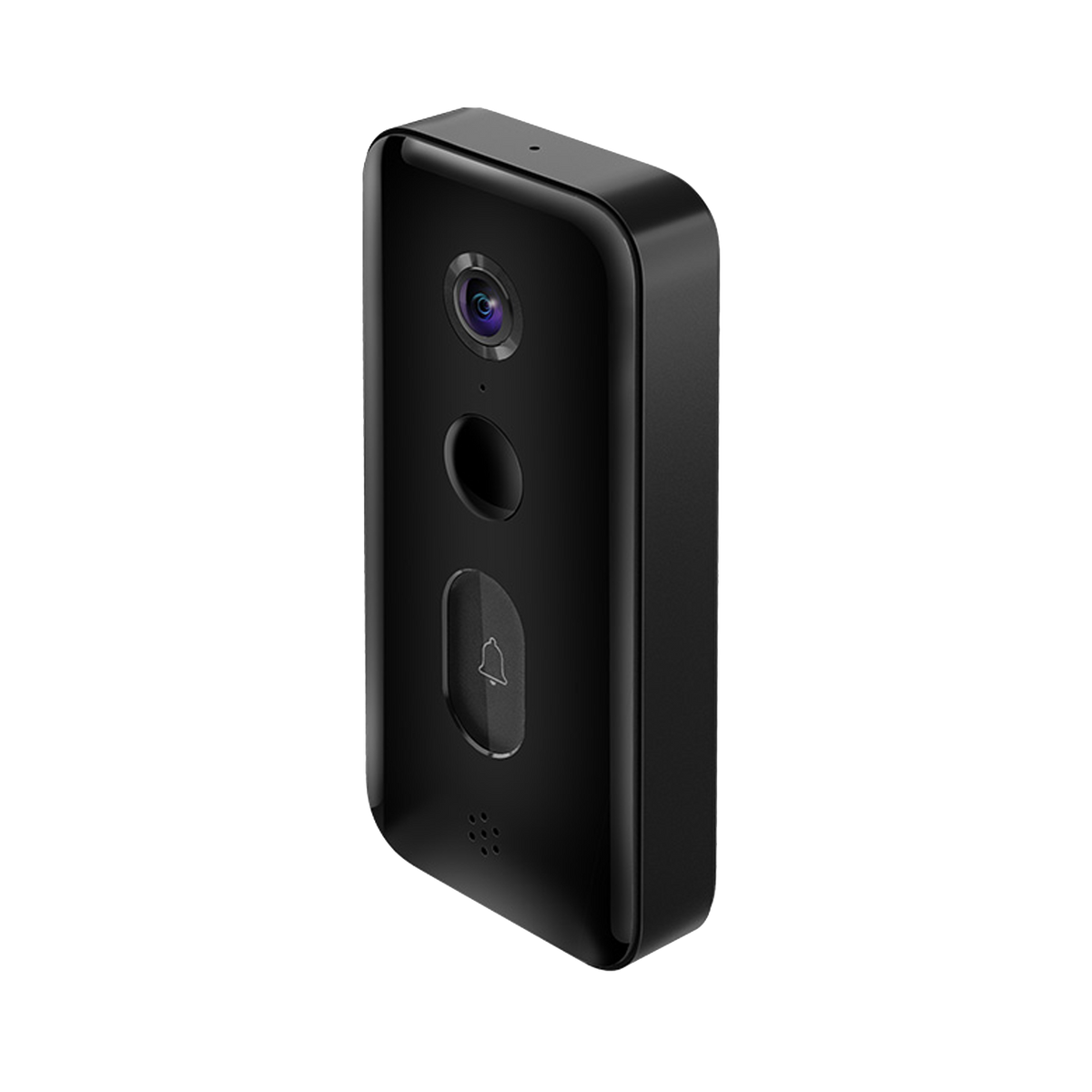 Czarna kamera dzwonka z obiektywem, przyciskiem i otworami głośnika na czarnym tle.